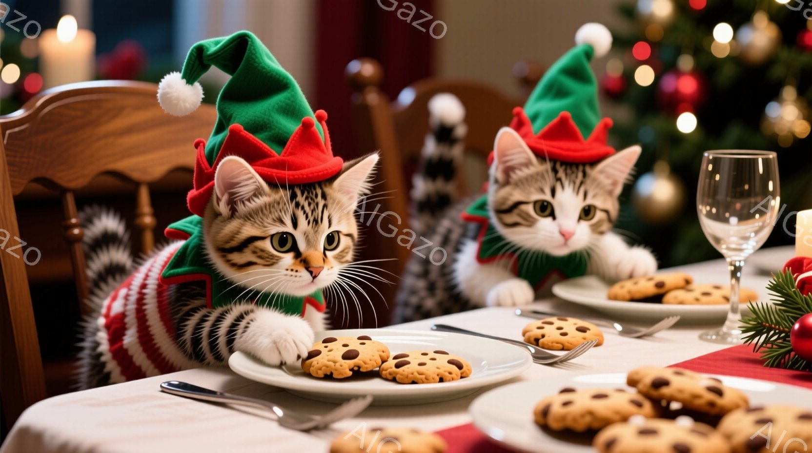 クリスマスをテーマにした画像で、2匹の縞模様の猫がテーブルを囲んで座っています。猫たちはそれぞれ赤い帽子と緑のセーターを着ており、まるでクリスマスの晩餐会に参加しているかのようです。背景にはぼやけたクリスマスツリーの光と装飾があり、温かくお祝いの雰囲気が漂っています。