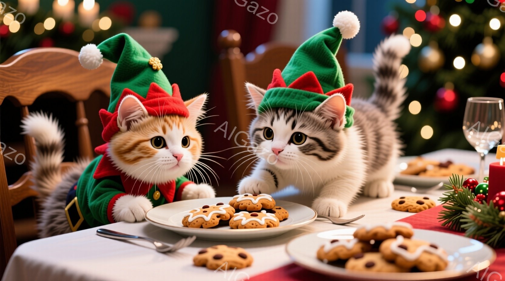 暖炉の光が温かい雰囲気を作り出すクリスマスディナーの席で、2匹の猫がクリスマスのエルフの帽子をかぶって座っています。オレンジ色の猫は緑色のエルフの衣装を着ており、グレーの猫は白い足元でリラックスした表情をしています。テーブルの上にはクッキーが並べられたお皿が置かれ、猫たちは食事が始まるのを待ちわびているようです。