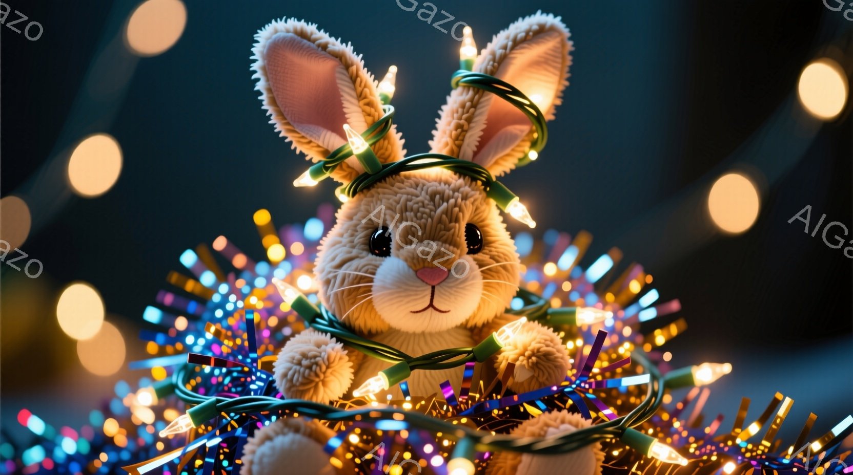 ふわふわの茶色のウサギのぬいぐるみは、色とりどりのクリスマスライトに囲まれています。ウサギは正面を向いており、丸い目と小さな鼻が可愛らしい表情をしています。背景は暗く、ぼやけた光の玉が点在しており、温かく幻想的な雰囲気を醸し出しています。