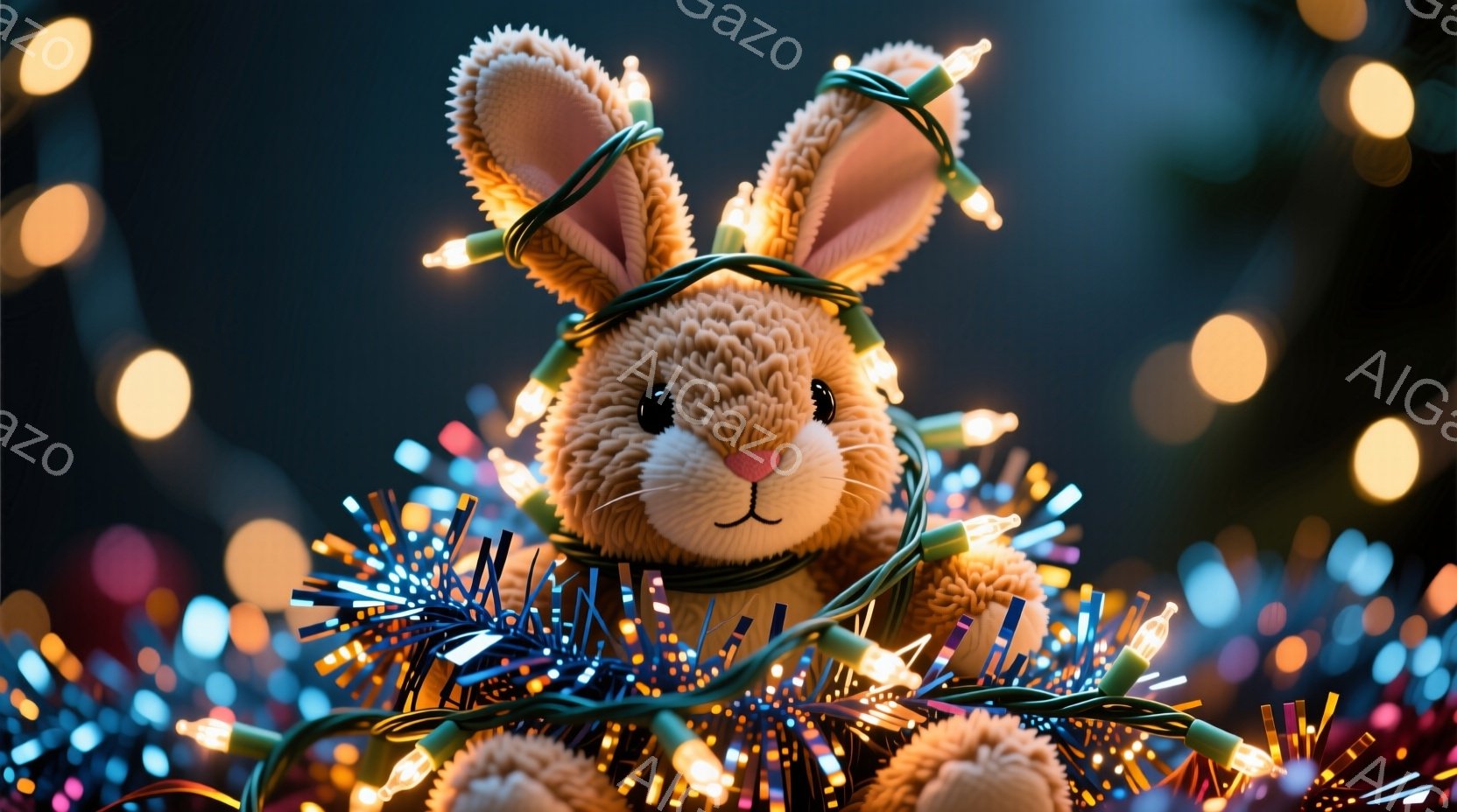 ふわふわの茶色のテディベアのウサギが、青、緑、黄色のクリスマスライトに覆われています。ウサギは正面を向き、愛らしい表情をしています。背景はぼやけており、多くの明るい光点があり、お祝いの雰囲気を作り出しています。