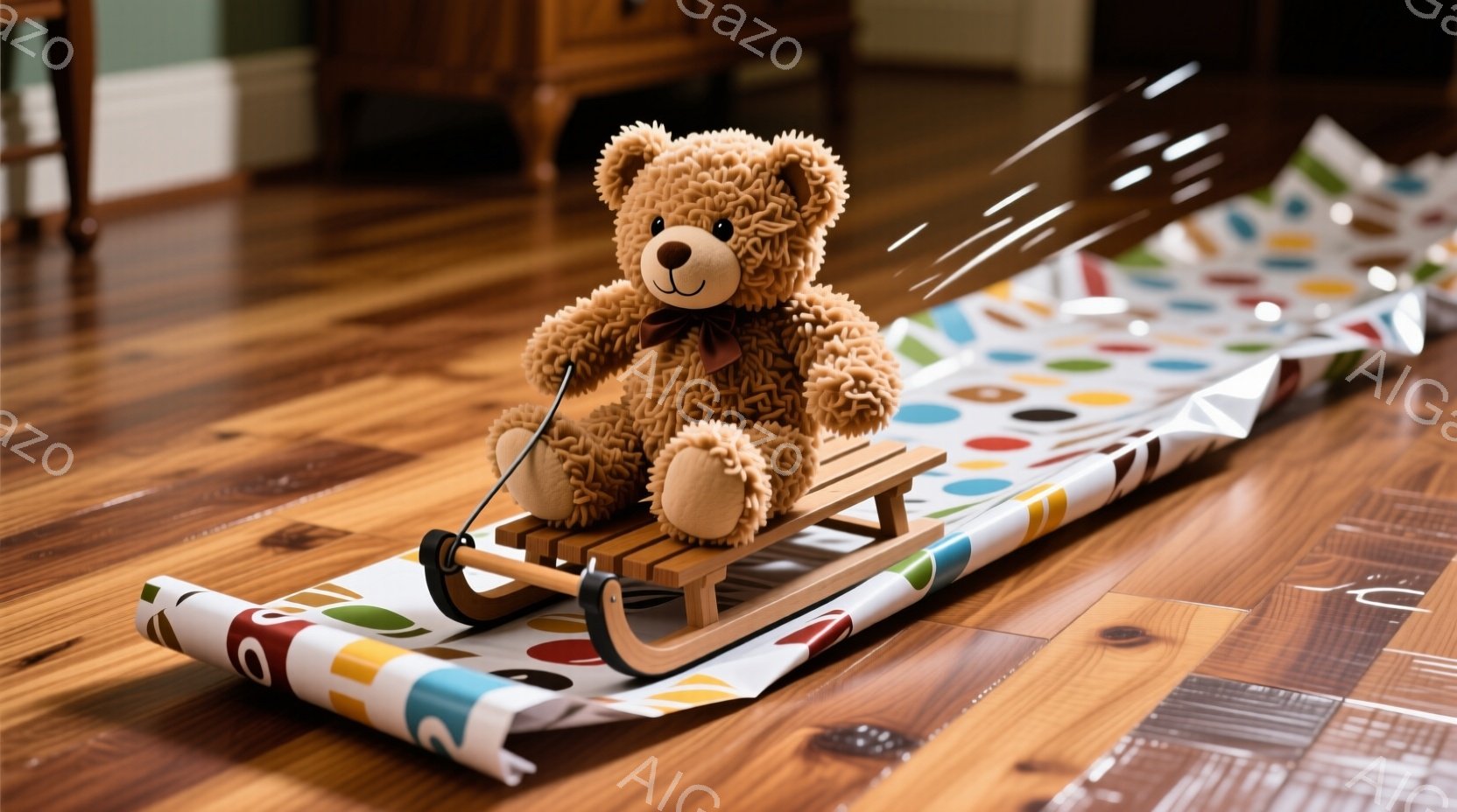 茶色のテディベアが木製のそりに乗って滑っている様子が写っています。背景は木製の床で、そりの後ろにはカラフルな包装紙が巻き広がっています。全体的に暖かく、遊び心のある雰囲気です。 - AI生成フリー素材