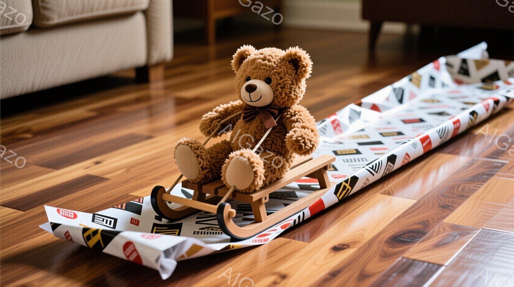 温かみのある木製の床に、茶色のテディベアが木製のそりに座っています。周りにはカラフルな包装紙が散らばっており、プレゼントを開けた後の楽しげな雰囲気が漂います。背景にはベージュのソファが見え、居心地の良 - AI生成フリー素材