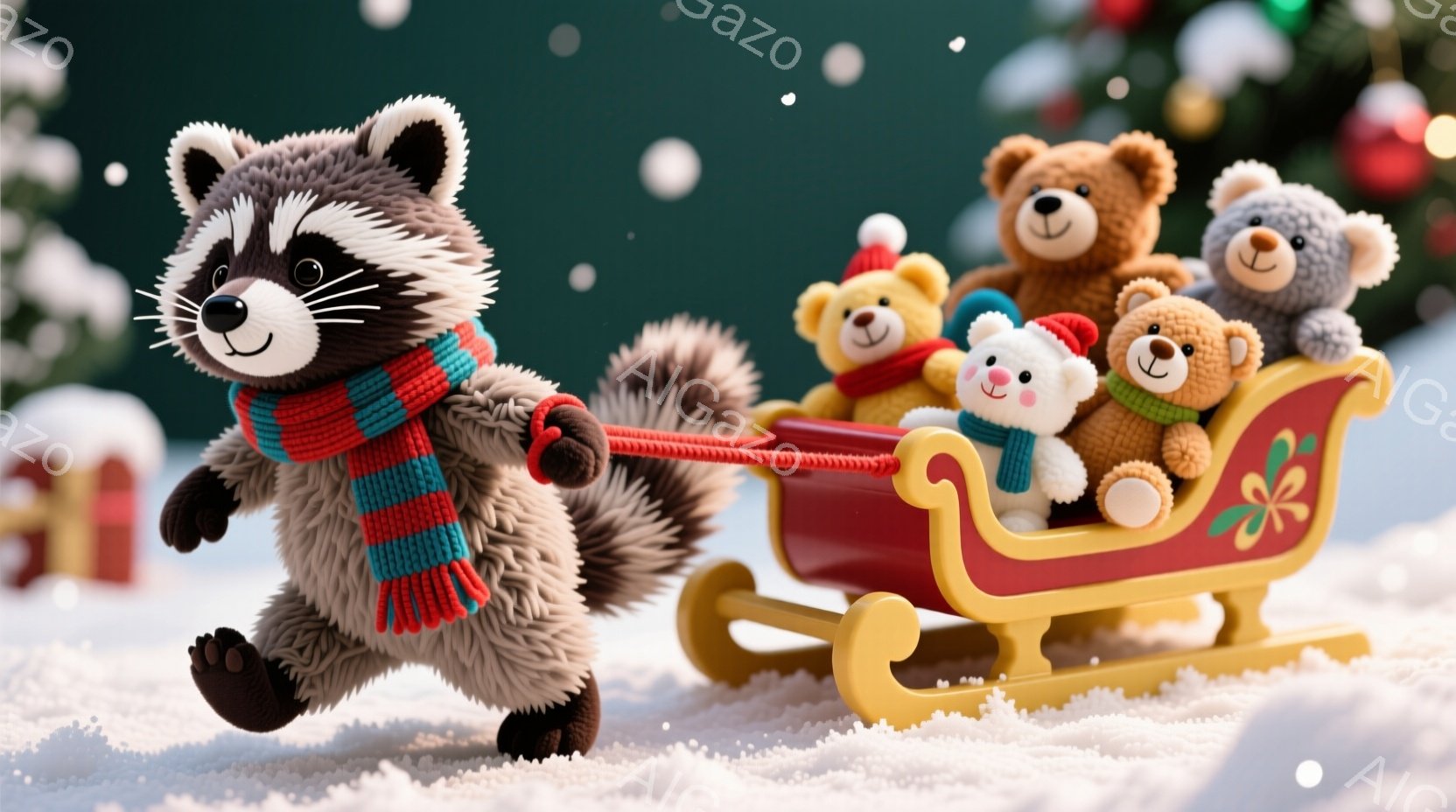 灰色のラッコが赤いストライプの編みマフラーを巻き、雪の中をそりに乗ったテディベアたちを引っ張っている。そりは深紅色の木製で、雪の上に置かれ、背景にはぼやけたクリスマスツリーが見える。全体的に暖かく、お - AI生成フリー素材