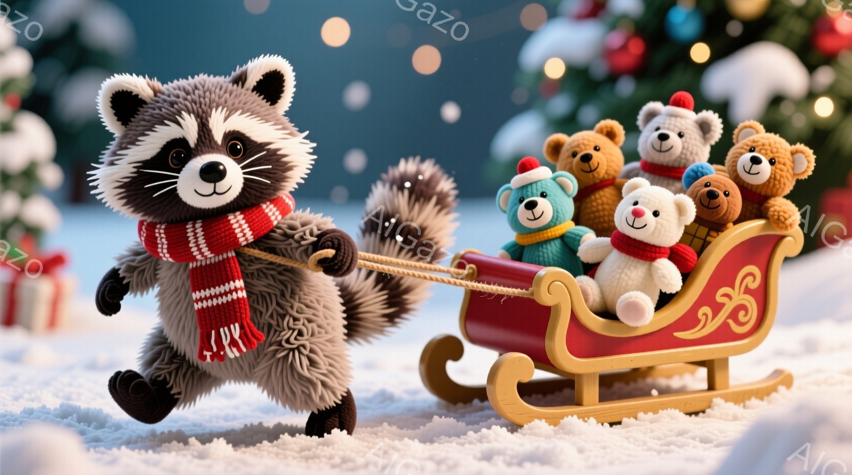 灰色のラッコが赤いソリを引っ張っており、ソリには様々な色のテディベアが乗っています。ラッコは赤い縞模様のスカーフを巻いており、楽しそうに前を向いています。背景には雪景色と、クリスマスツリーの飾りがぼん - AI生成フリー素材