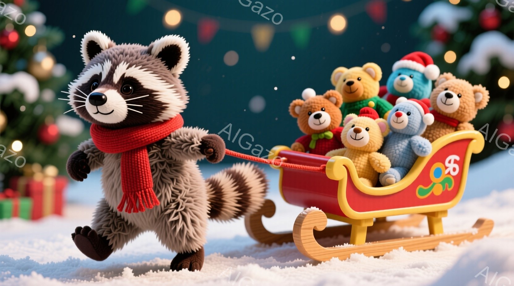 アライグマが赤いマフラーを巻き、雪の中をそりを引いています。そりの中には、様々な色のテディベアがいくつか座っており、楽しそうな雰囲気が漂っています。背景にはクリスマスツリーやプレゼントボックスが見え、 - AI生成フリー素材