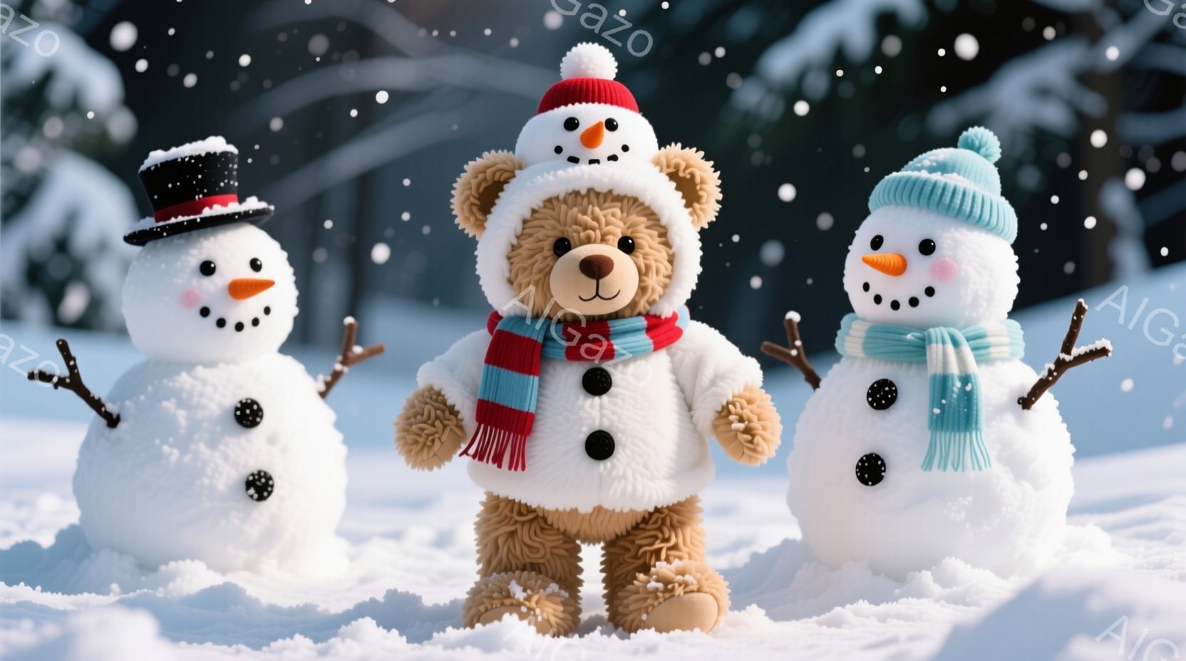 雪景色の中に、テディベアと二体の雪だるまが立っています。テディベアは白いマフラーと帽子を身につけ、雪だるまはそれぞれ黒い帽子と青い帽子をかぶっています。背景は雪に覆われた木々と、舞い散る雪で、全体的に温かく、冬の穏やかな雰囲気を醸し出しています。