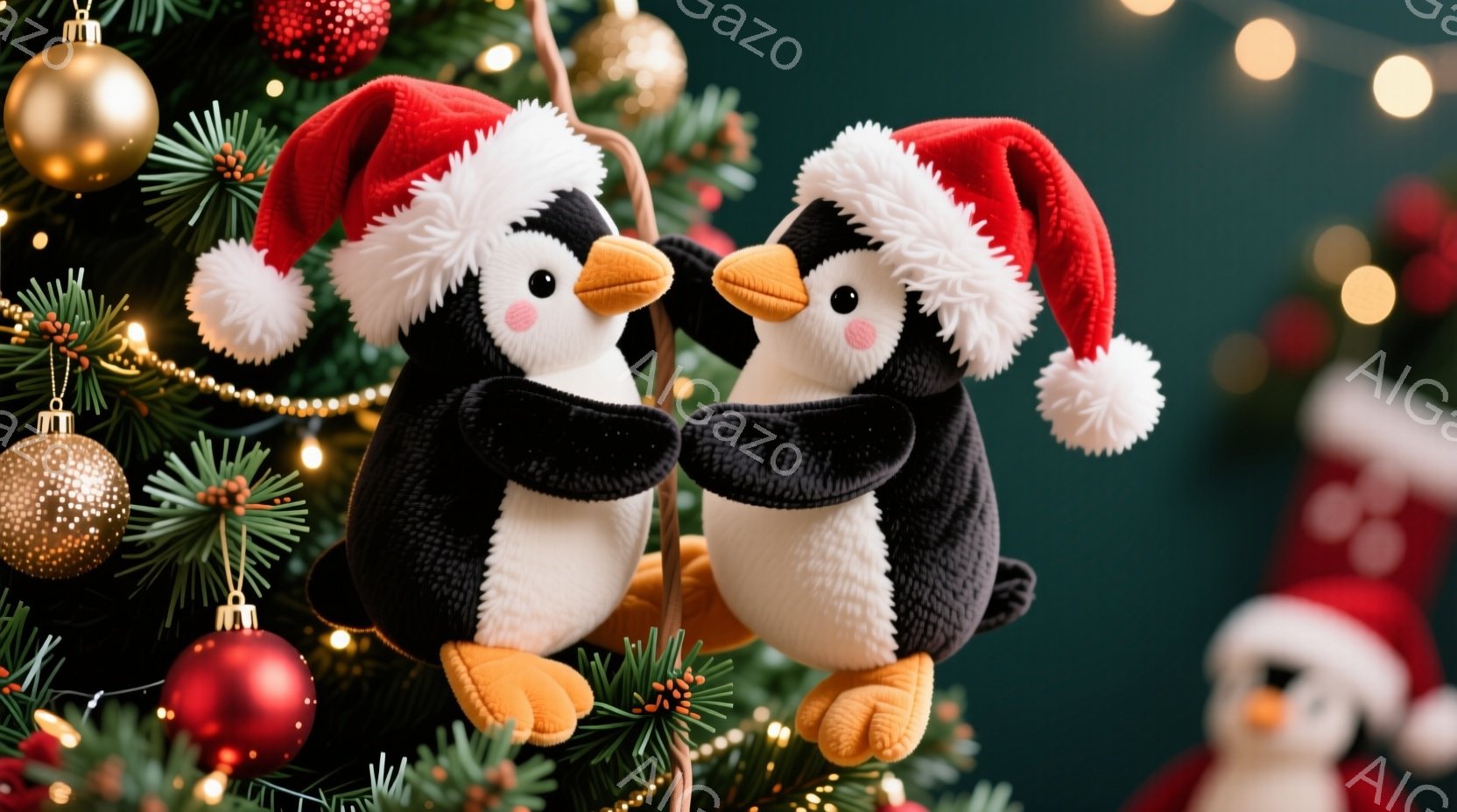 クリスマスの飾り付けられたクリスマスツリーに寄り添う2匹の可愛らしいペンギンのぬいぐるみがあります。ペンギンたちは赤いサンタ帽をかぶり、オレンジ色の足とくちばしを持ち、互いに抱き合っています。背景には - AI生成フリー素材