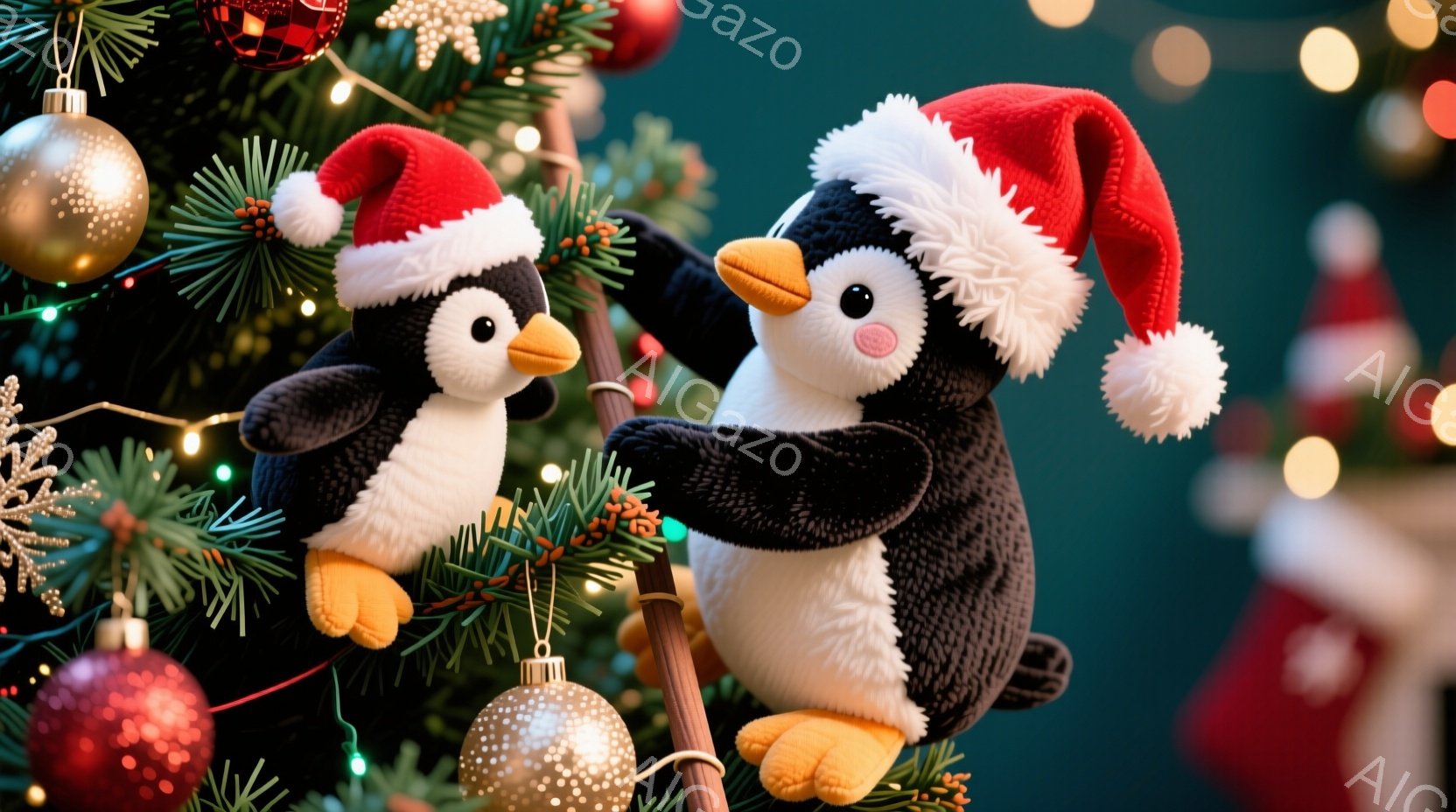 2匹のペンギンがクリスマスツリーの枝にしがみつき、赤いサンタ帽をかぶっています。ペンギンたちは愛らしい表情で、お互いに寄り添うように配置されています。背景には緑色の木々と様々なオーナメントが飾られたク - AI生成フリー素材