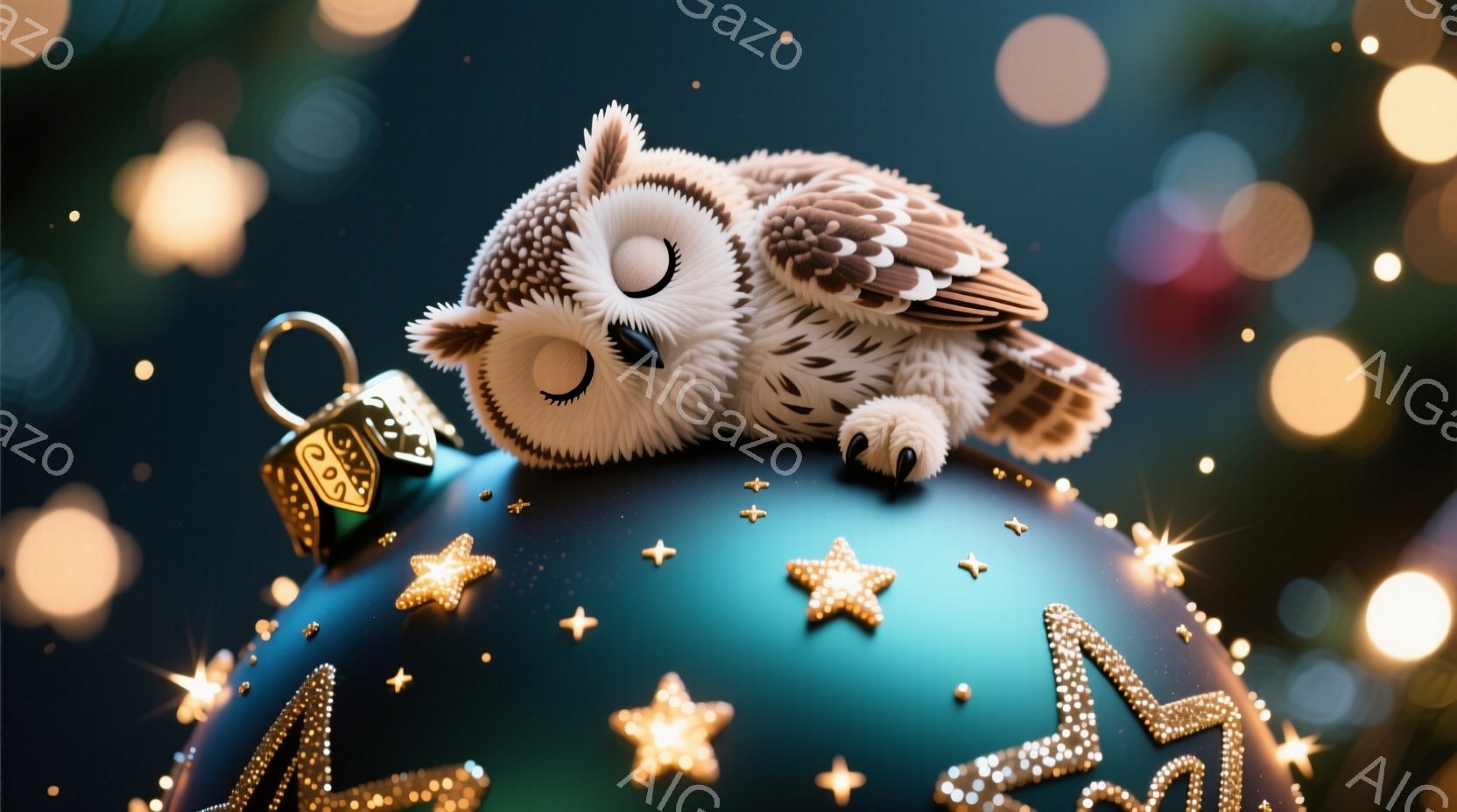 ふわふわのフクロウが、深い青色のクリスマスオーナメントの上に丸まって眠っています。オーナメントは金色の星や装飾で飾られており、背景にはぼやけた暖かい色の光が散りばめられています。全体的に、穏やかで夢の - AI生成フリー素材