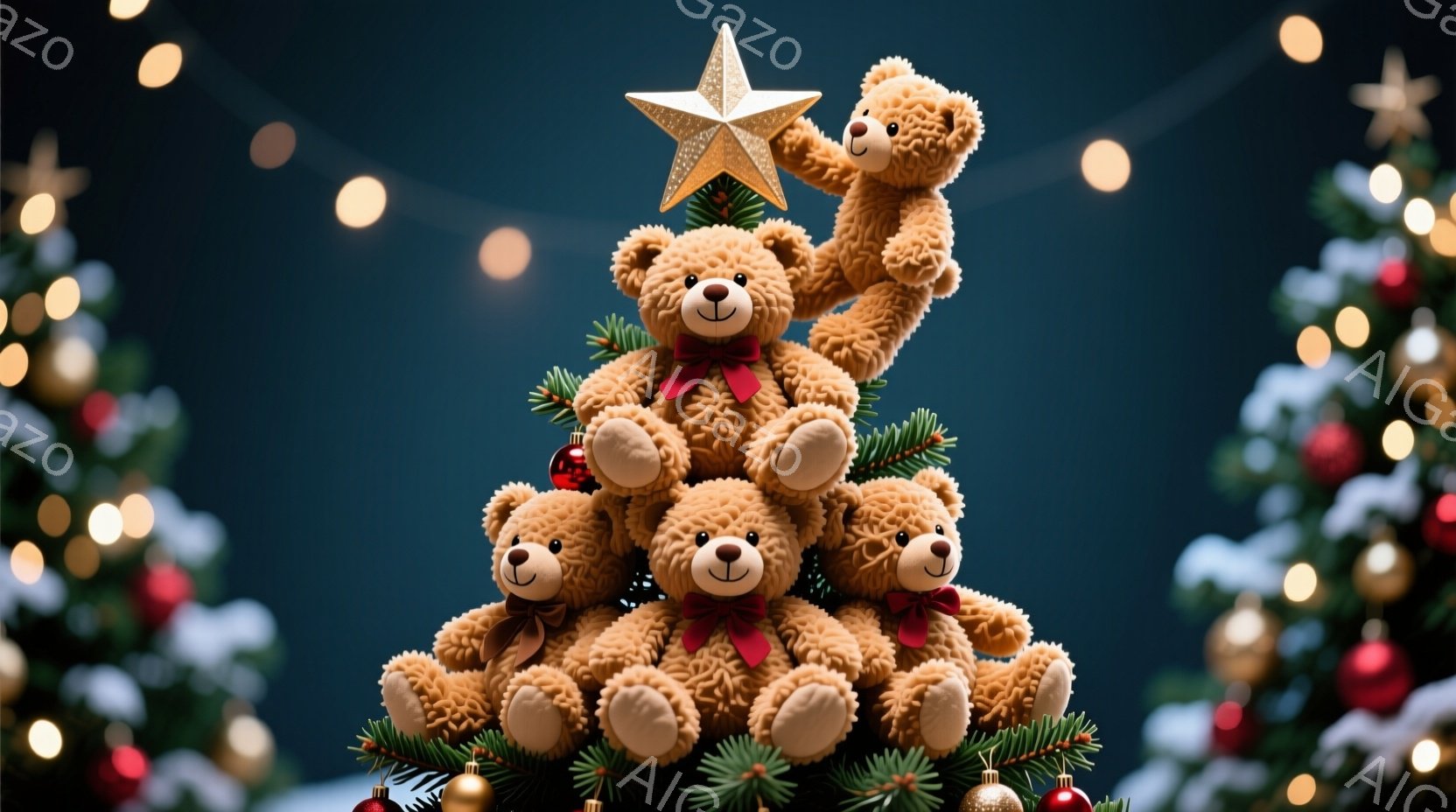 クリスマスツリーの上に積み重なったテディベアを描いています。それぞれのベアは赤いリボンを首に巻き、可愛らしい表情をしています。背景には、ぼやけたクリスマスツリーと、暖かい光のストリングライトが飾られ、 - AI生成フリー素材