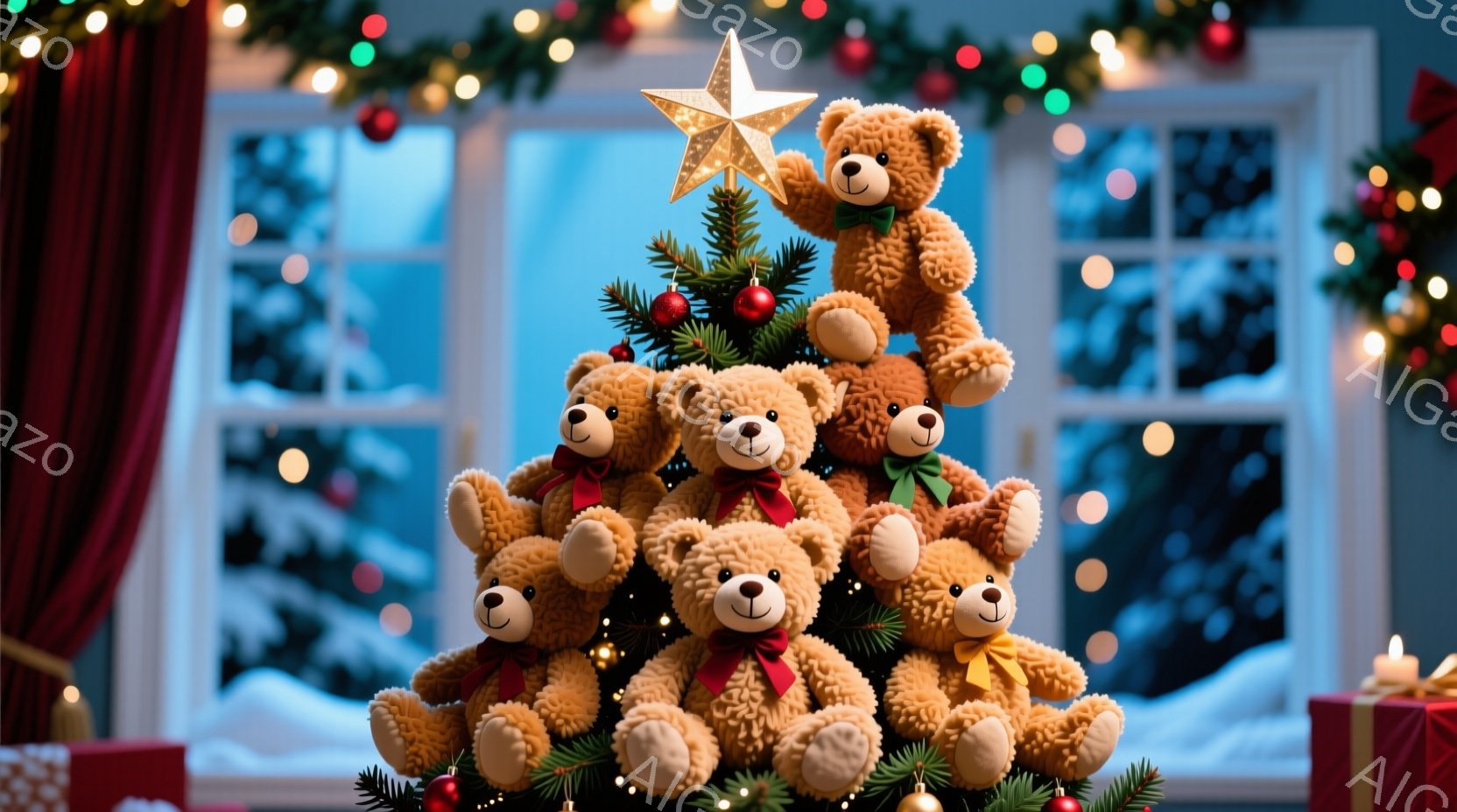 クリスマスツリーは、様々なサイズの可愛らしいテディベアでぎっしり詰まっており、それぞれに赤いリボンが結ばれています。背景には雪景色が見え、窓にはキラキラと輝く光が飾られています。全体的に暖かく、お祝い - AI生成フリー素材