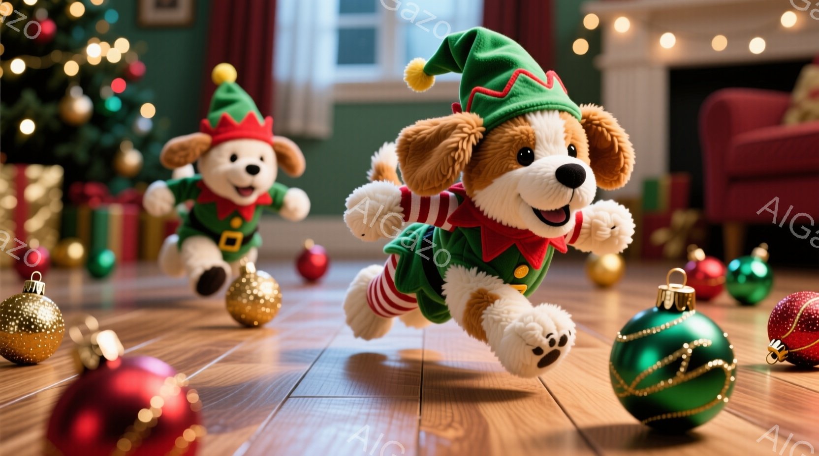 暖炉のある室内で、クリスマスの衣装を着た2匹の子犬が飛び跳ねています。緑色の帽子と赤いストライプの服を着ており、楽しそうな表情をしています。背景にはクリスマスツリーやオーナメントが散らばり、温かく祝祭的な雰囲気が漂っています。