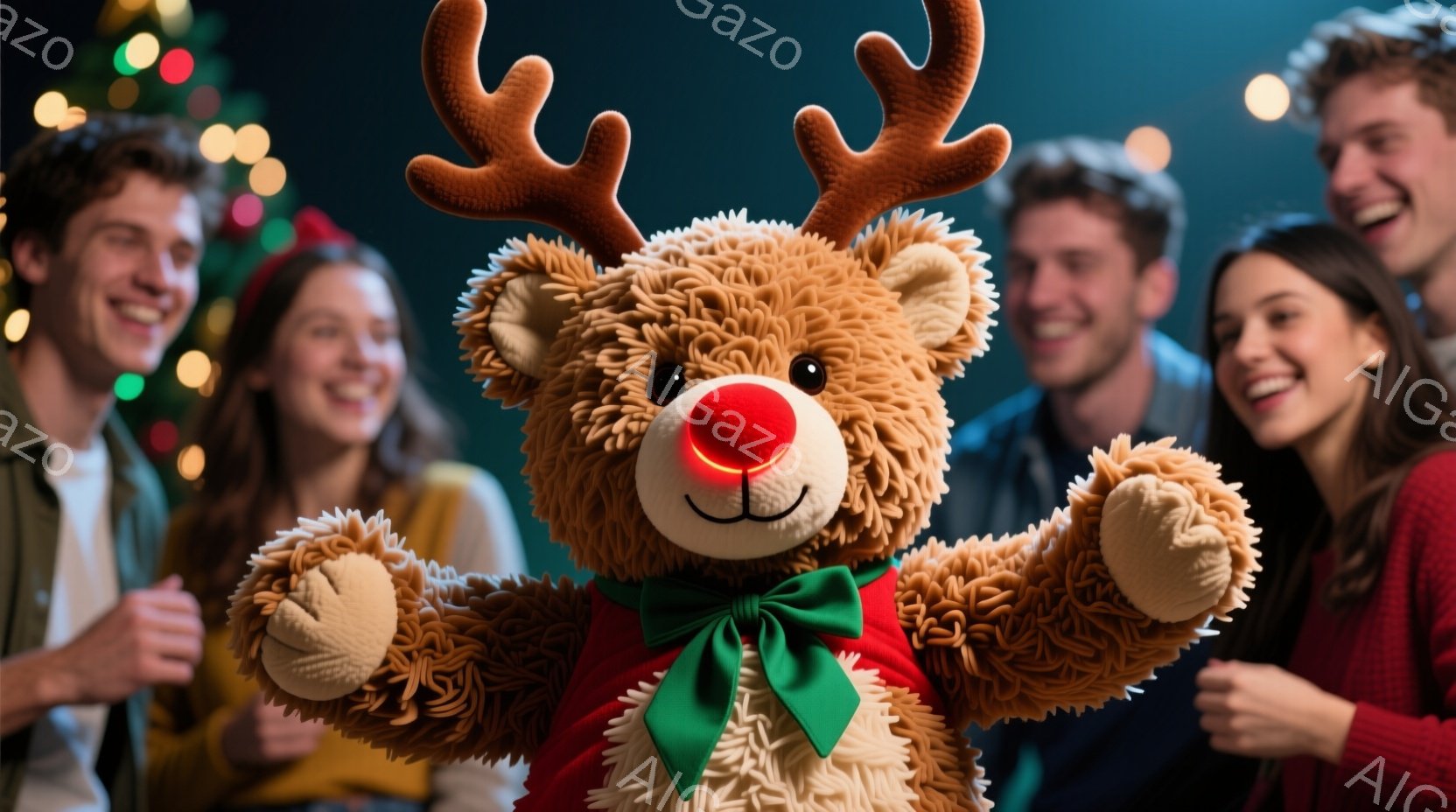 焦点は、赤い鼻と角を持つ、ふわふわの茶色のクマのぬいぐるみです。数人の若者が背景にぼやけており、全員が笑顔で楽しんでいます。背景にはぼやけたクリスマスツリーの光があり、暖かくお祭り気分を演出しています。
