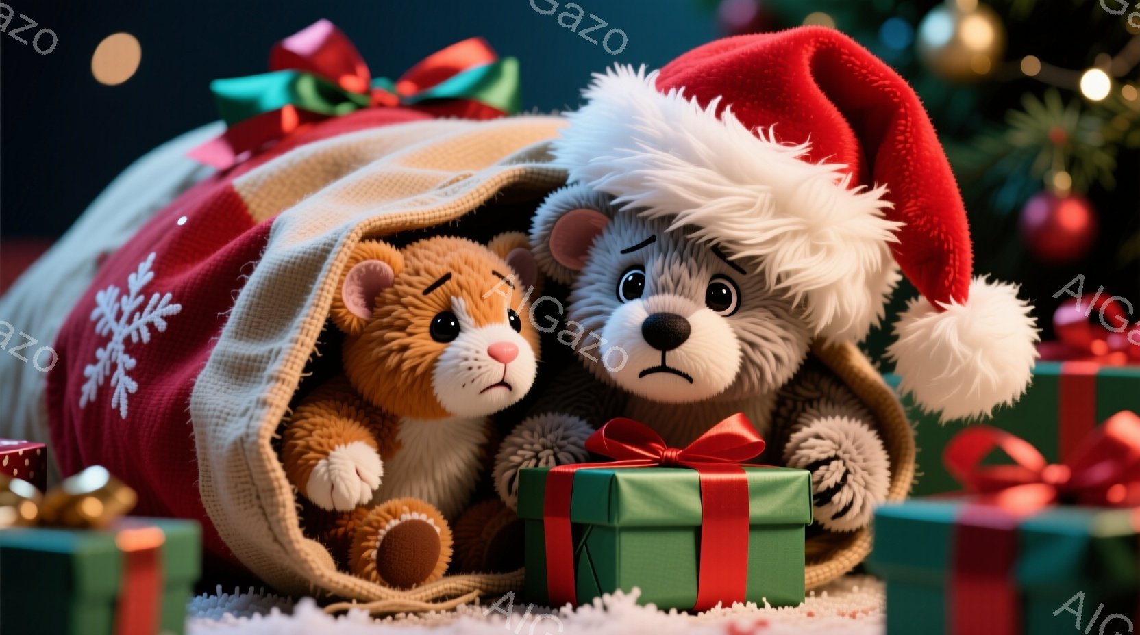 クリスマスのプレゼント袋の中に、茶色のクマのぬいぐるみと灰色のクマのぬいぐるみが座っています。灰色のクマはサンタ帽をかぶり、やや憂鬱そうな表情をしています。背景には、緑色のプレゼントボックスが積み重ねられ、クリスマスの飾り付けが施されたクリスマスツリーがぼやけて見えます。