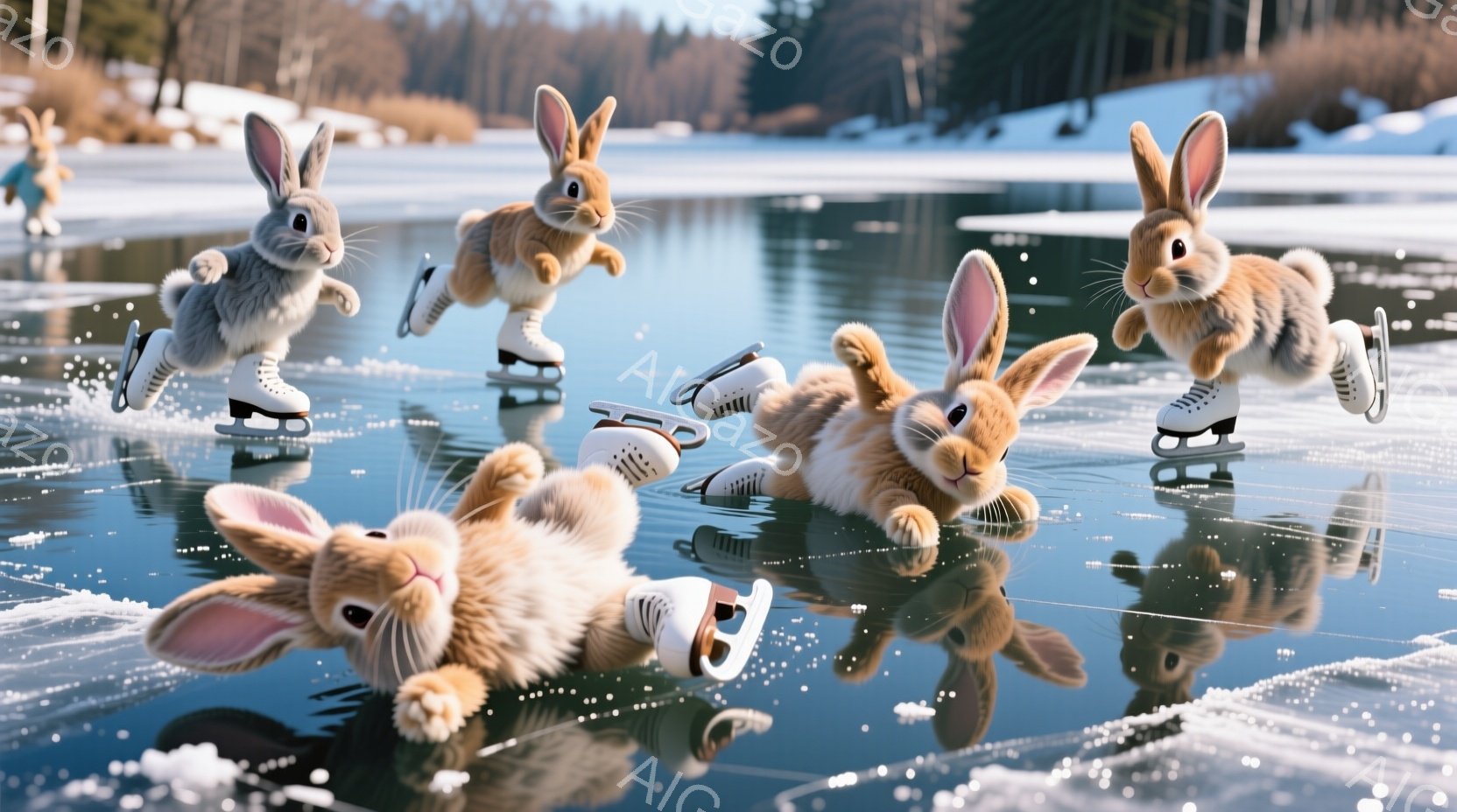 凍った湖の上で、スケート靴を履いたウサギたちが楽しそうに滑っている様子が描かれている。ウサギたちは様々なポーズで滑っており、楽しげな表情をしているように見える。背景には雪景色が広がり、晴れた空と氷のコ - AI生成フリー素材