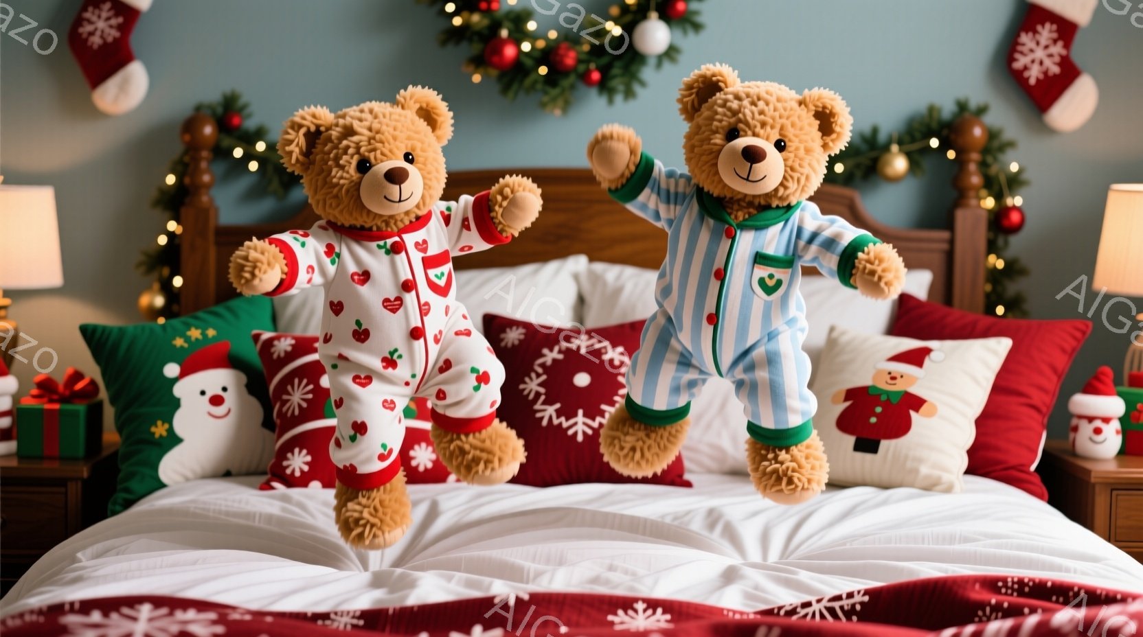 ふわふわの茶色のテディベアが2匹、ベッドの上で楽しそうに飛び跳ねています。片方のベアは赤いチェリー柄のパジャマ、もう片方は青いストライプのパジャマを着ており、どちらも緑色の襟がついています。背景にはクリスマスツリーやオーナメント、赤い靴下などが飾られており、暖かく楽しいクリスマスの雰囲気が漂っています。