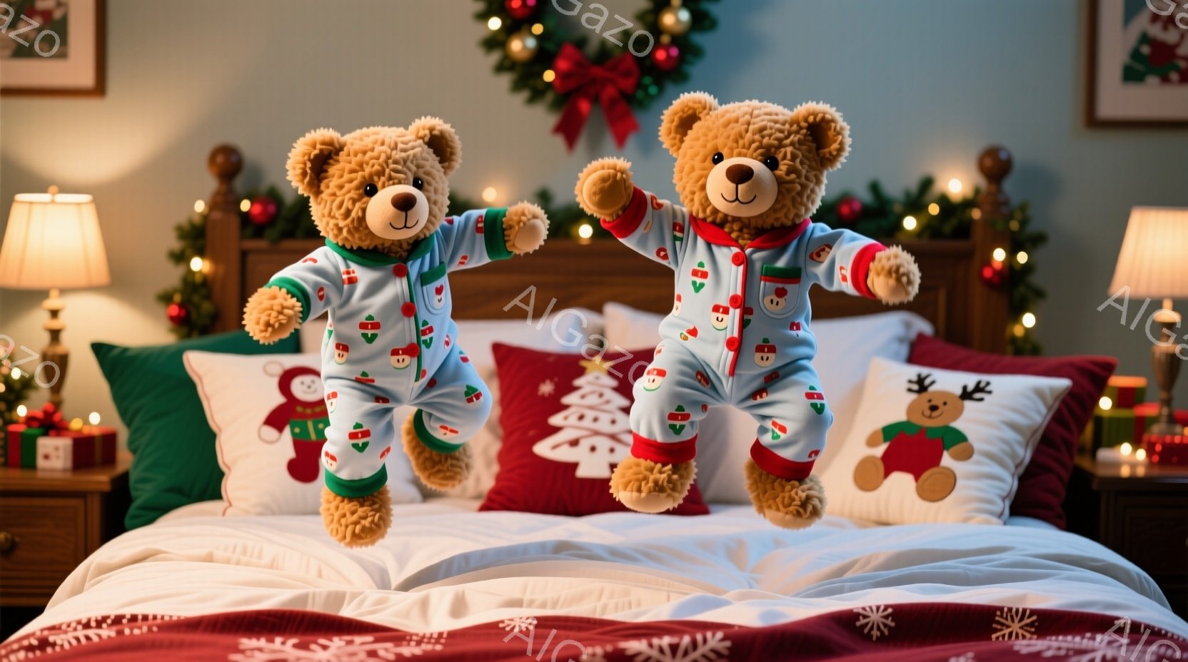 2匹のテディベアがベッドの上で飛び跳ねています。青いパジャマには雪だるうまとクリスマスツリーの模様が描かれており、とても可愛らしいです。ベッドにはクリスマスをテーマにした枕が置かれ、背景にはクリスマスリースや装飾が飾られており、温かく楽しいクリスマスの雰囲気が漂っています。