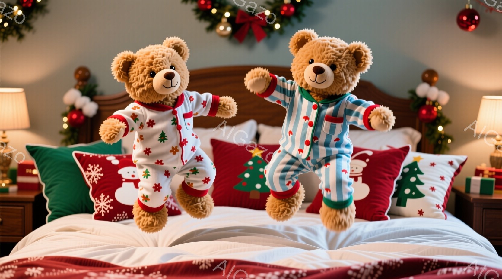 2匹のテディベアがベッドの上で飛び跳ねています。ベアたちはそれぞれ赤い模様と青い縞模様のパジャマを着ており、楽しそうに体を動かしています。背景にはクリスマスデコレーションが施されたベッドルームがあり、 - AI生成フリー素材