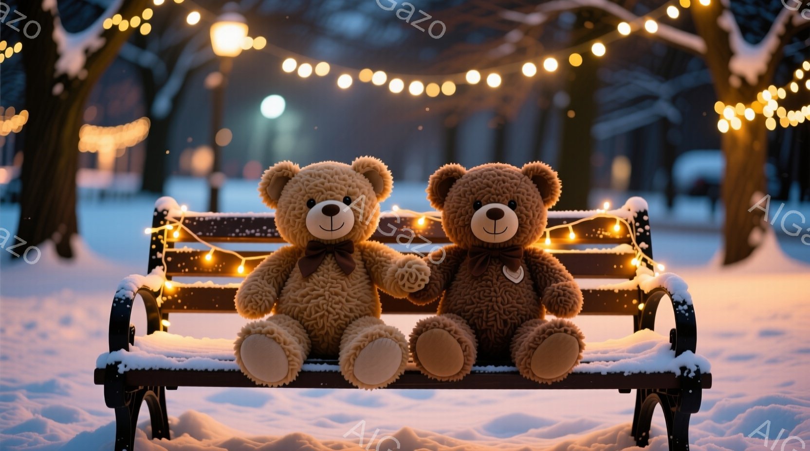 雪が降り積もった公園のベンチに、茶色のテディベアが寄り添って座っています。一匹は赤いリボン、もう一匹は茶色のリボンを首に巻いており、優しい表情で互いを見つめています。背景には、ぼんやりと見える建物と、温かい光を放つ電飾が飾られた木々があり、ロマンチックで穏やかな雰囲気を醸し出しています。