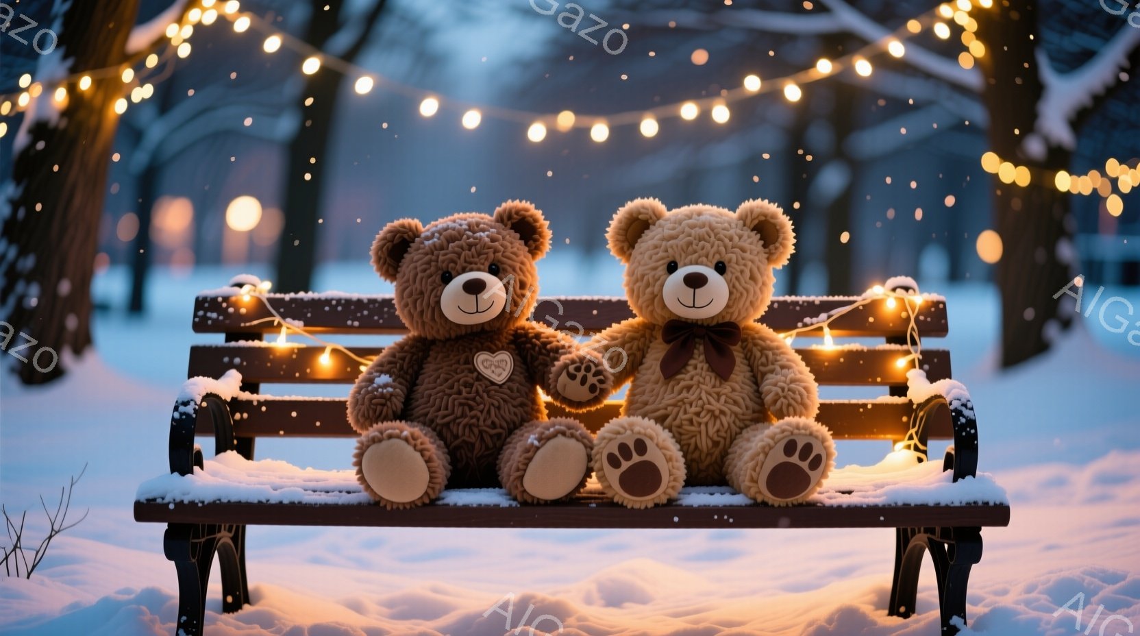 雪が降り積もった公園のベンチに、ふわふわの茶色のテディベアが寄り添って座っています。二匹はそれぞれ可愛らしいリボンを首に巻き、まるで恋人同士のように互いに手を繋いでいます。背景にはぼんやりとした街灯と - AI生成フリー素材