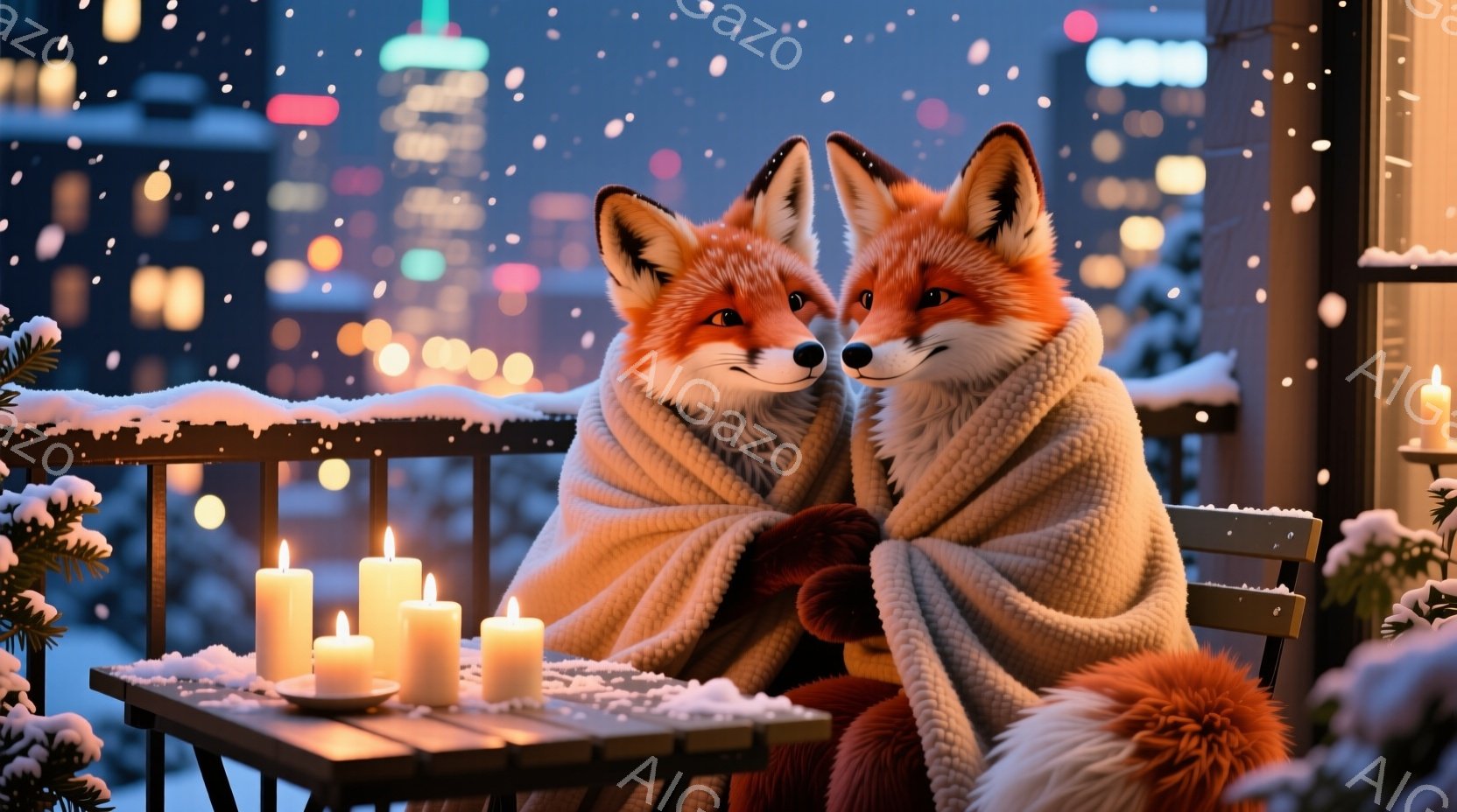 雪が降る夜、バルコニーで寄り添う二匹のキツネが描かれています。彼らは暖かなグレーの毛布に包まれ、幸せそうな表情で互いを見つめ合っています。背景には、きらめく夜景が広がり、ろうそくの灯りがロマンチックな - AI生成フリー素材