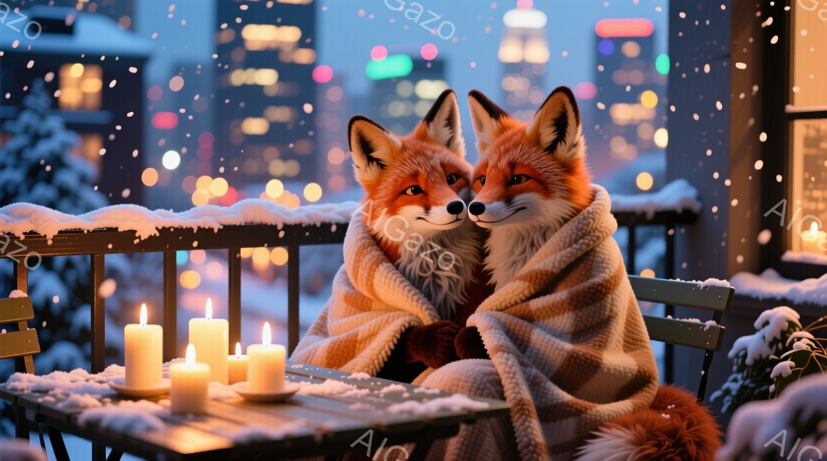 雪が降り積もる夜のバルコニーで、二匹のキツネが寄り添い、暖かい毛布に包まれています。バルコニーのテーブルには火の灯るキャンドルが置かれ、遠くには夜景の見える街並みが広がっています。暖かく穏やかな雰囲気 - AI生成フリー素材