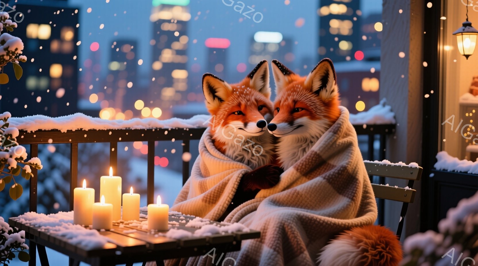 雪が降り積もる夜、バルコニーに寄り添う2匹のキツネが描かれています。彼らは暖かい毛布に包まれ、顔を寄せ合い、幸せそうな表情を浮かべています。背景にはぼやけた都市の夜景が広がり、テーブルの上には灯された - AI生成フリー素材
