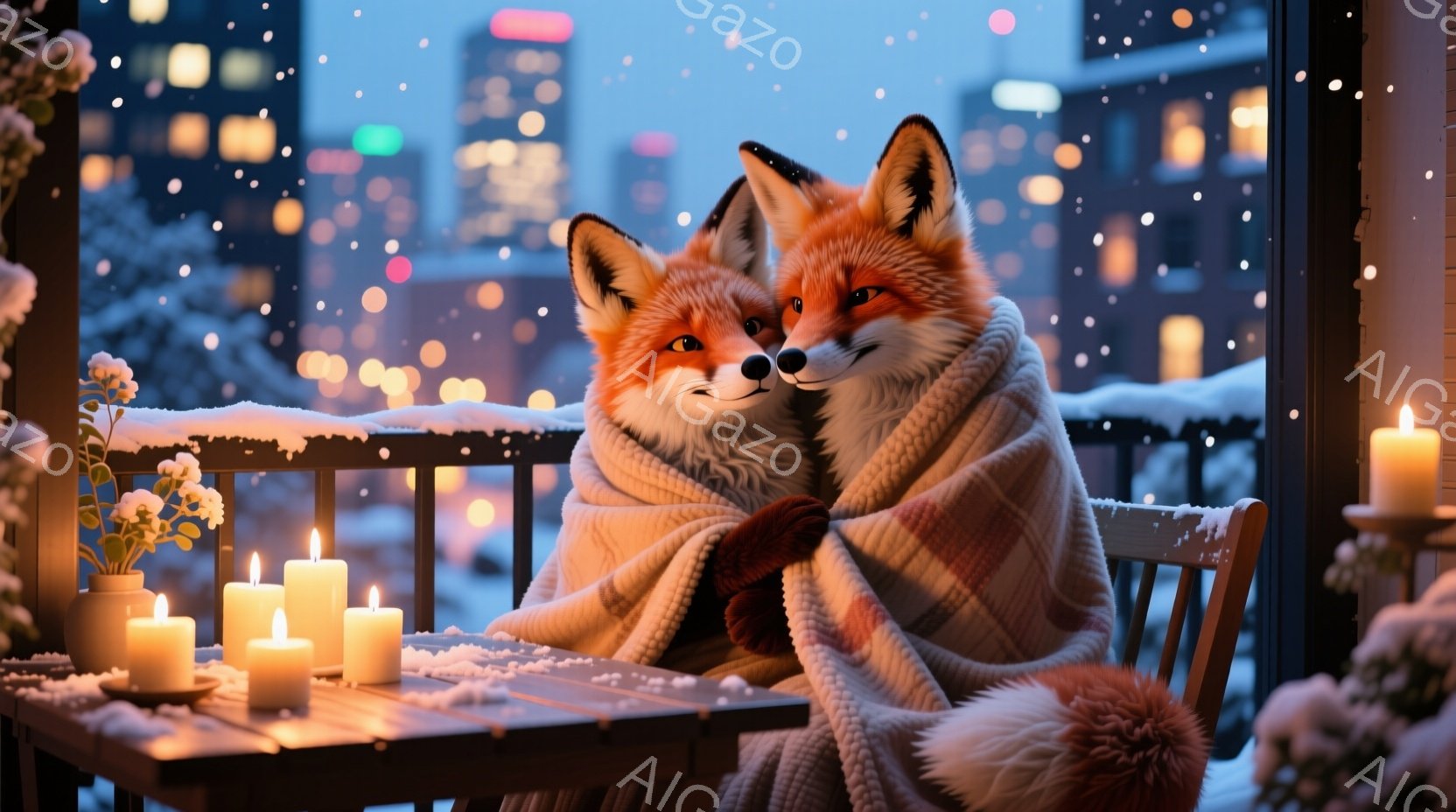 雪が降る夜、バルコニーで寄り添う二匹のキツネが描かれています。暖かいチェック柄のブランケットに包まれ、リラックスした表情で互いに身を寄せ合っています。背後には、ぼやけた夜景と街の明かりが広がり、ロマンチックで穏やかな雰囲気を醸し出しています。