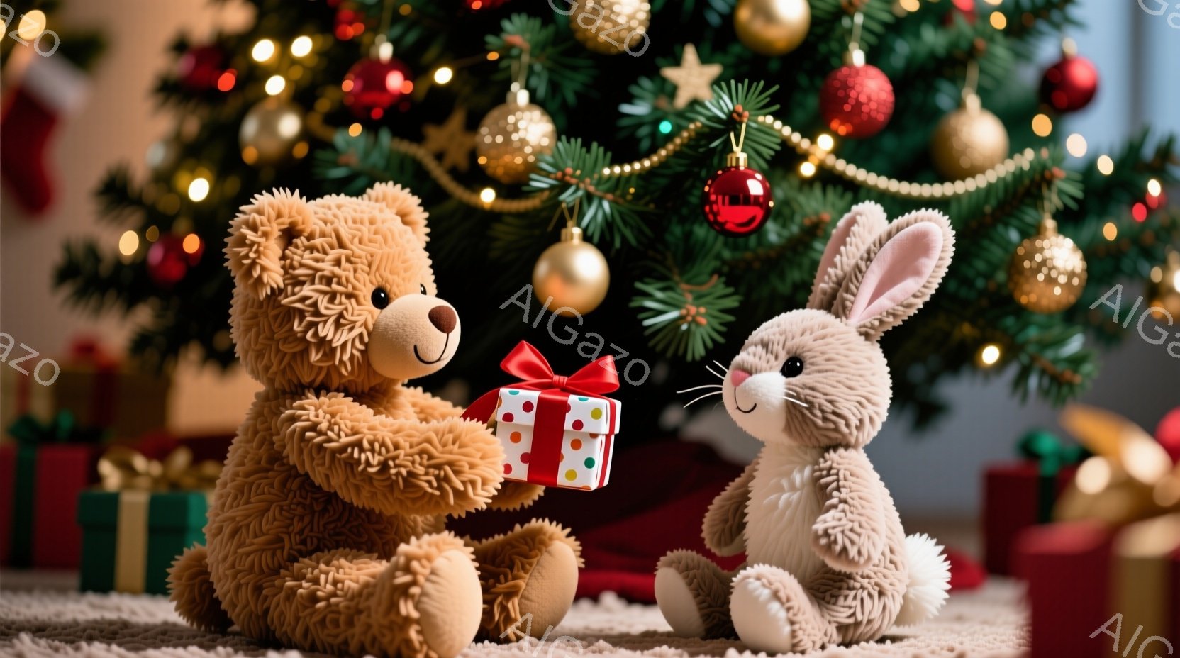 暖炉の前に置かれたクリスマスツリーの前で、テディベアがうさぎに赤いリボンで結ばれた小さなプレゼントを渡しています。テディベアは温かい笑顔を浮かべ、うさぎは少し驚いた表情でプレゼントを受け取ろうとしてい - AI生成フリー素材