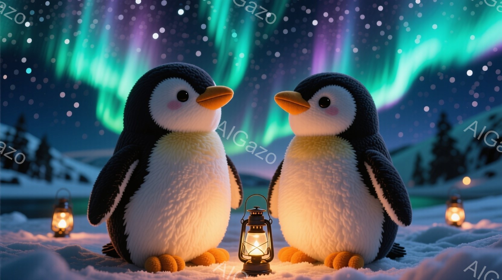 雪景色の中に、二羽のペンギンが寄り添って座っています。ペンギンたちは黒と白の体にオレンジ色の足を持ち、丸い体とつぶらな瞳が可愛らしい表情をしています。背景にはオーロラが輝き、雪原には暖色のランタンが灯 - AI生成フリー素材