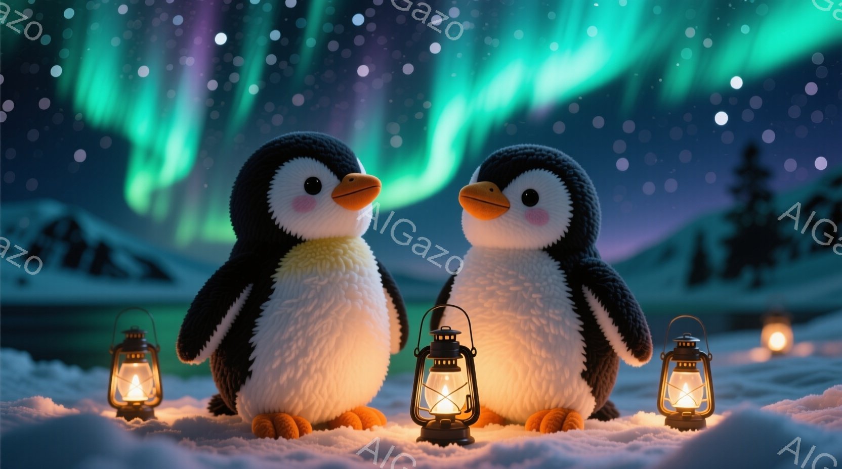 雪景色の中で寄り添う可愛らしいペンギンのペアが描かれています。ペンギンたちはオレンジ色の足と、少し赤みを帯びた顔をしており、それぞれ足元に点灯したランタンが置かれています。背景には雪山と、オーロラのような幻想的な光が広がり、全体的に暖かく穏やかな雰囲気を醸し出しています。