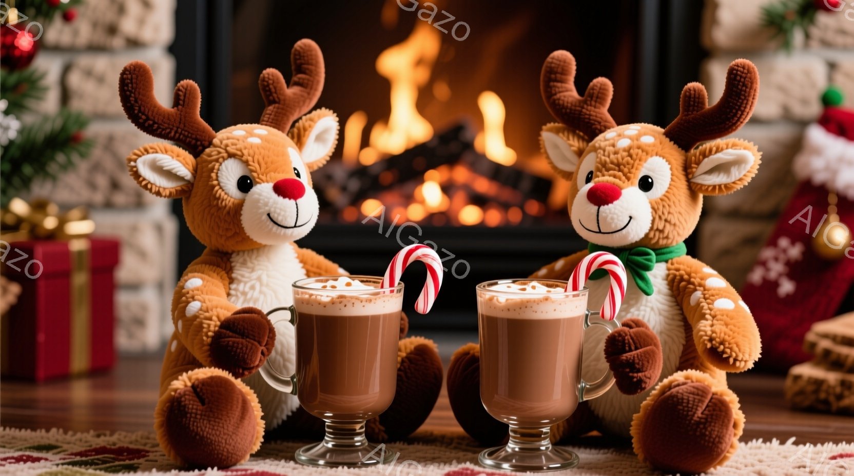 2匹のふわふわしたトナカイのぬいぐるみは、ホットココアの入ったグラスを手に、木製の床に座っています。背景には暖炉があり、炎が燃え盛っており、クリスマスの装飾やプレゼントが置かれています。全体的に、暖か - AI生成フリー素材