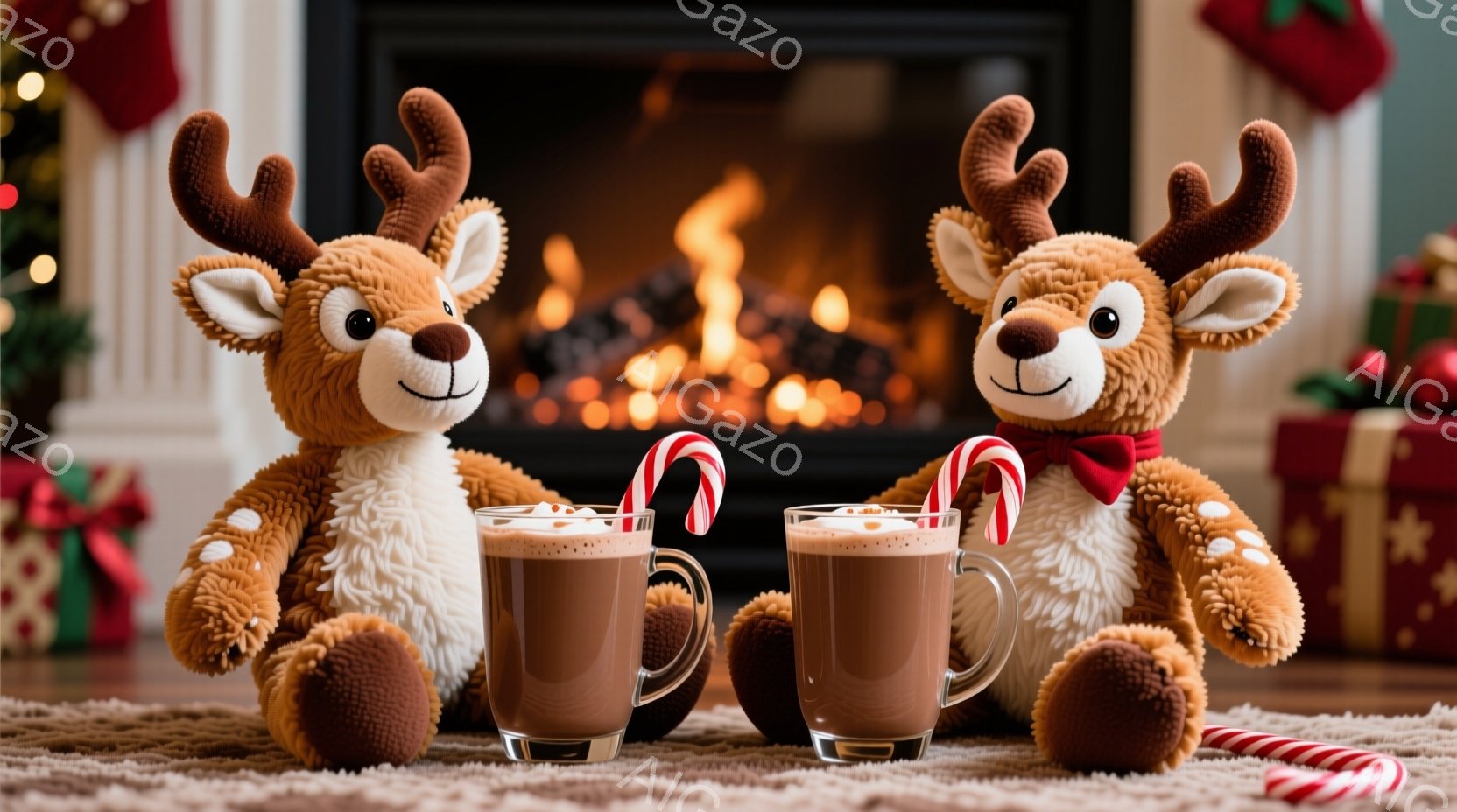ふわふわのトナカイのぬいぐるみ2匹がホットココアを挟んで座っています。背景には暖炉があり、クリスマスの装飾やプレゼントが置かれ、温かく穏やかな雰囲気です。ぬいぐるみは赤いリボンで首元を飾っており、可愛 - AI生成フリー素材