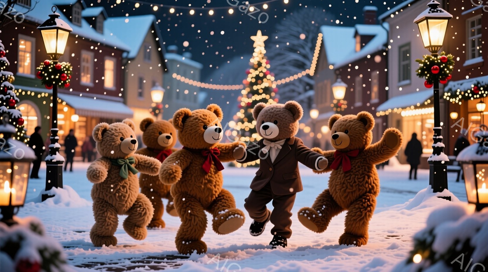 雪が舞うクリスマスの街並みを、リボンをつけた四匹のテディベアが手をつないで楽しそうに駆けている。背景には、装飾された建物やクリスマスツリーが並び、暖かい光が灯っている。全体的に、温かく、お祭り気分に満 - AI生成フリー素材