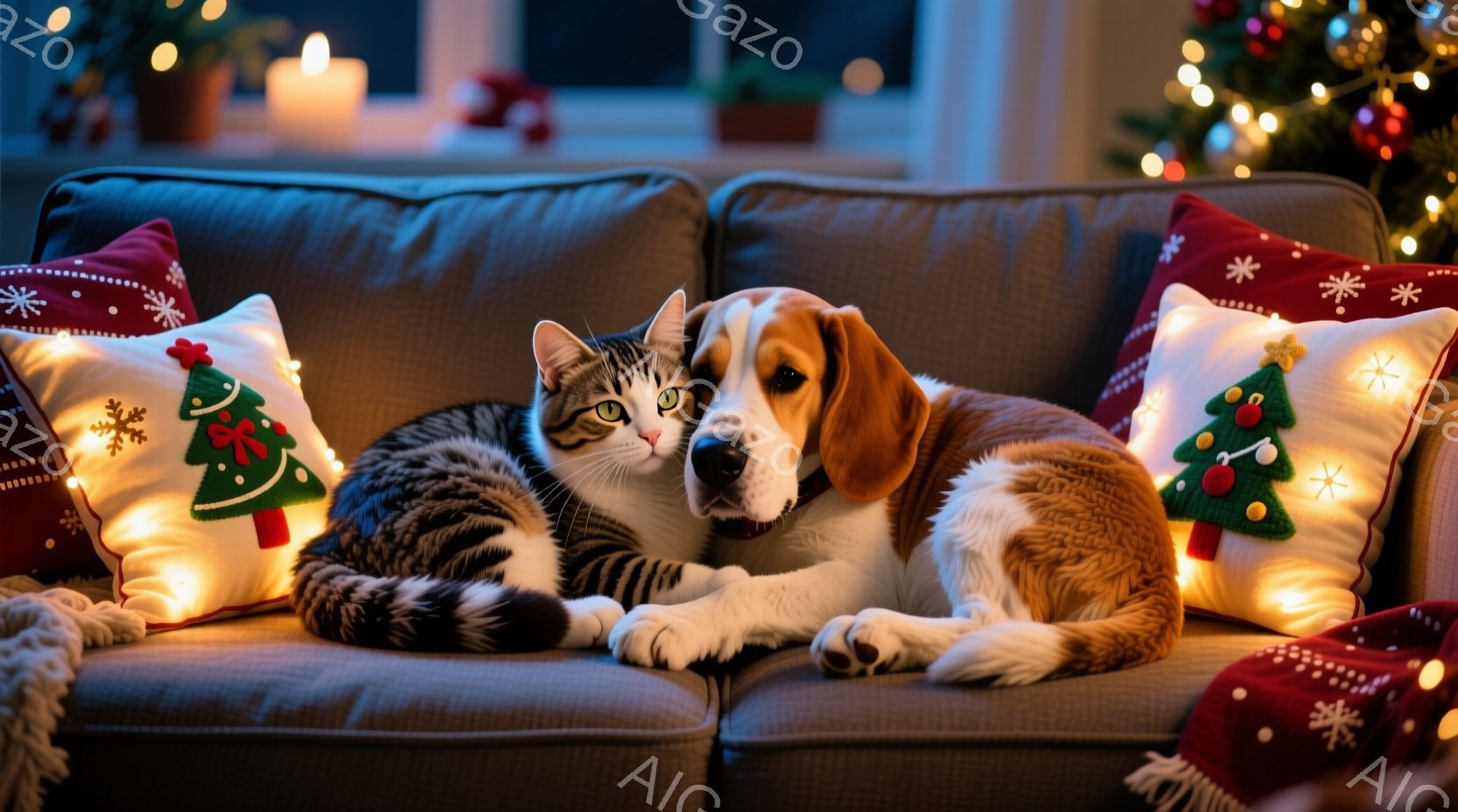 ソファの上には、しま模様の猫とビーグルの犬が寄り添って横たわっています。背景にはクリスマスツリーの光がぼんやりと見え、暖かく穏やかな雰囲気が漂っています。クッションにはクリスマスツリーの模様が描かれており、季節感を演出しています。