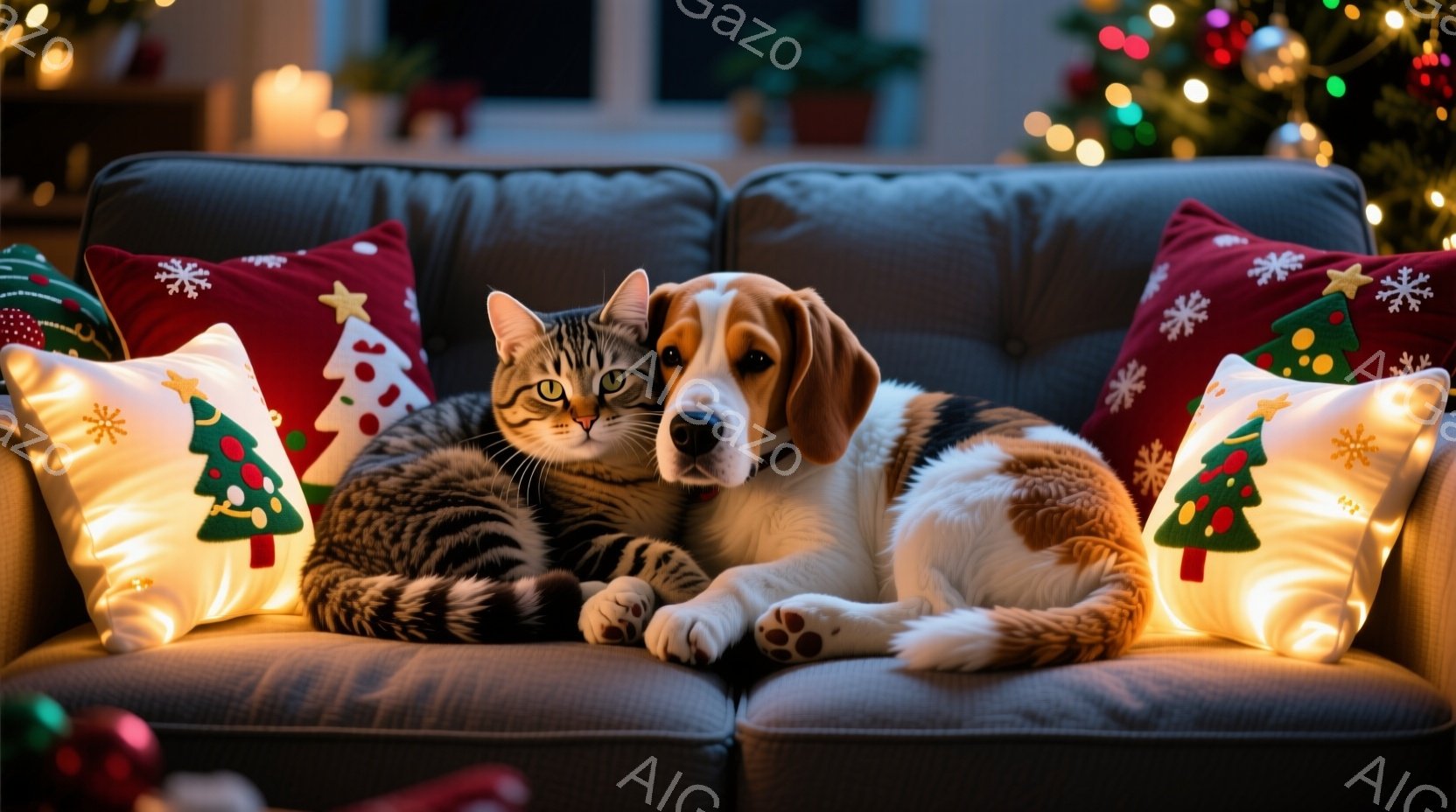 灰色のソファに、猫とビーグル犬が寄り添って横たわっています。猫は縞模様でリラックスした表情で、ビーグル犬は穏やかな視線をカメラに向けています。背景にはクリスマスツリーの光がぼんやりと見え、赤いクリスマ - AI生成フリー素材