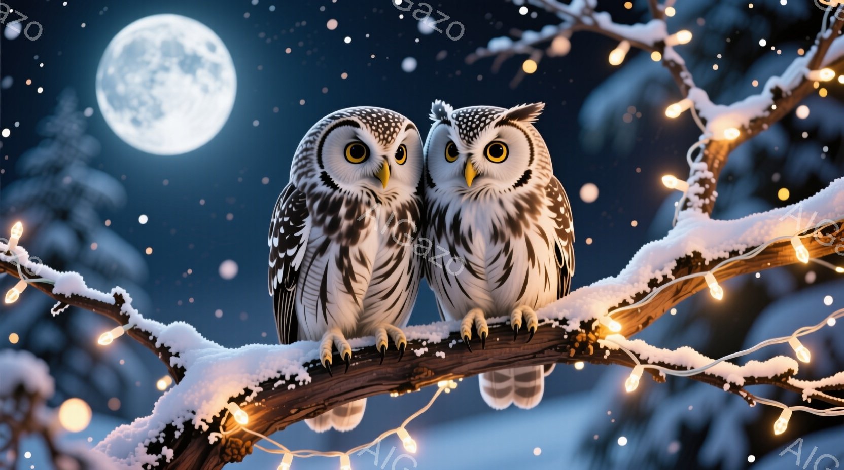 雪化粧された木の枝に、二羽のフクロウが寄り添って座っています。フクロウは丸い目で見つめ、白い羽と黒い模様が特徴的です。背景には、夜空と満月、そしてちらつく雪が描かれ、幻想的な冬の雰囲気を醸し出していま - AI生成フリー素材