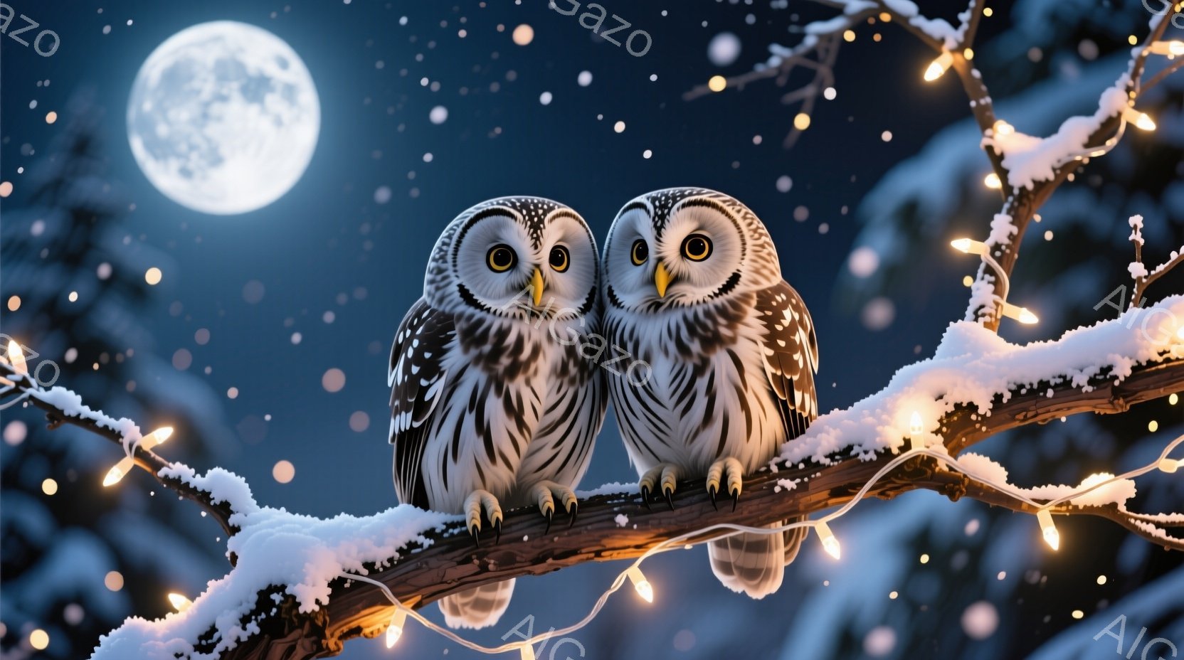 ふくろうが二羽、雪の積もった木の枝に寄り添って座っています。彼らの羽は白と黒の美しい模様で、鋭い黄色い目はまっすぐ前を見つめています。背景は暗い夜空で、満月と降り積もる雪、そして温かい光を放つ電飾が幻想的な雰囲気を醸し出しています。