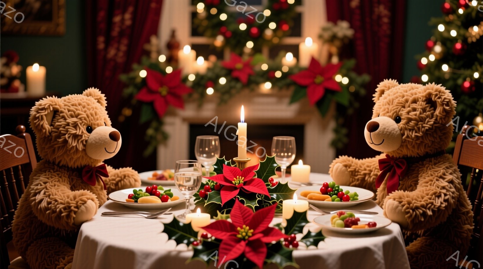 暖炉の前で、テーブルを挟んで2匹のテディベアが夕食をとっています。赤いリボンを付けたテディベアたちは、白いテーブルクロスの上に置かれたお皿の前に座り、クリスマスの飾りとキャンドルに囲まれています。背景 - AI生成フリー素材