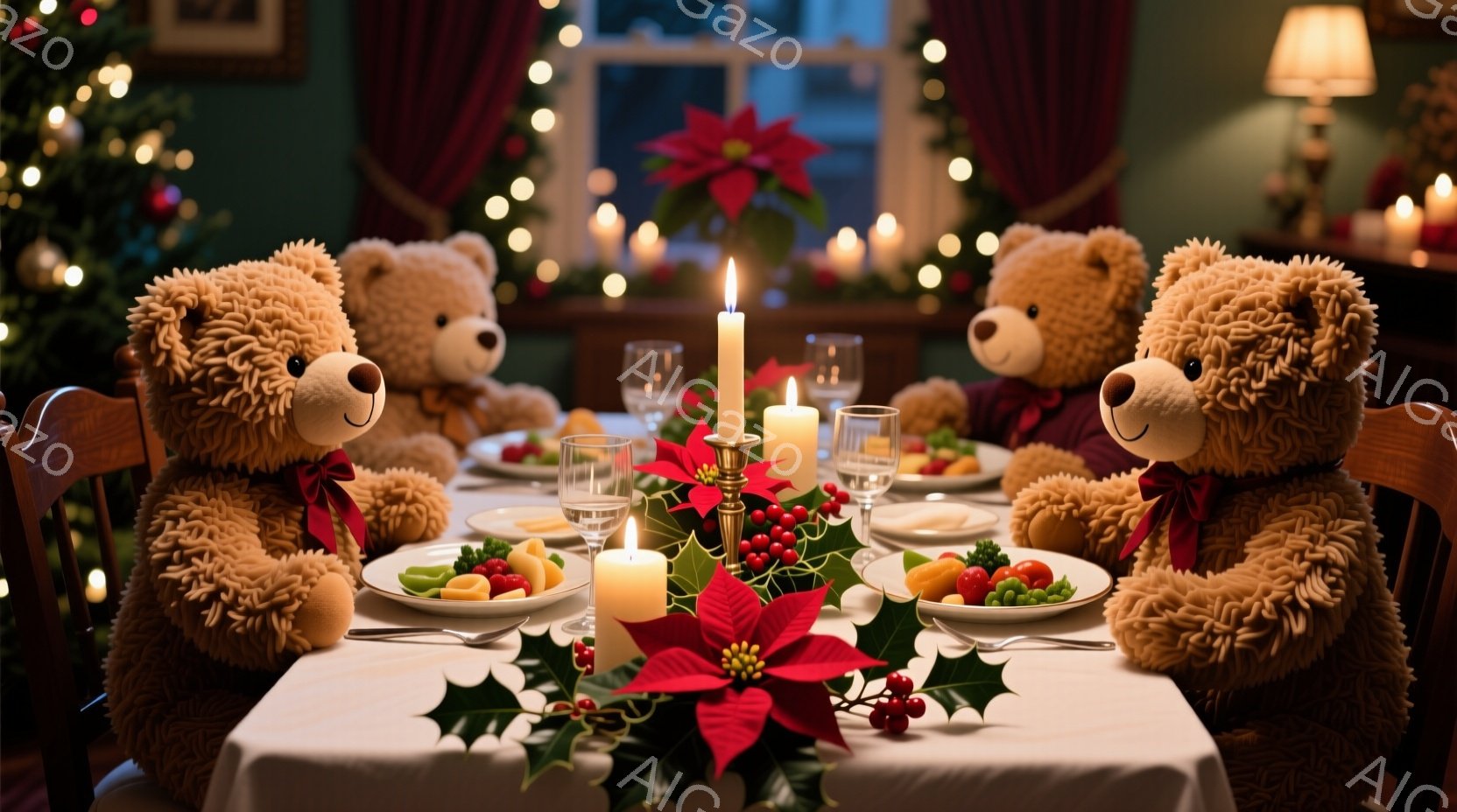暖炉の光とクリスマスツリーの輝きに照らされたダイニングテーブルを、2匹のテディベアが占めている。赤いリボンをつけたベアたちは、まるで人間のように椅子に座り、クリスマスのごちそうが並んだお皿を前にしてい - AI生成フリー素材