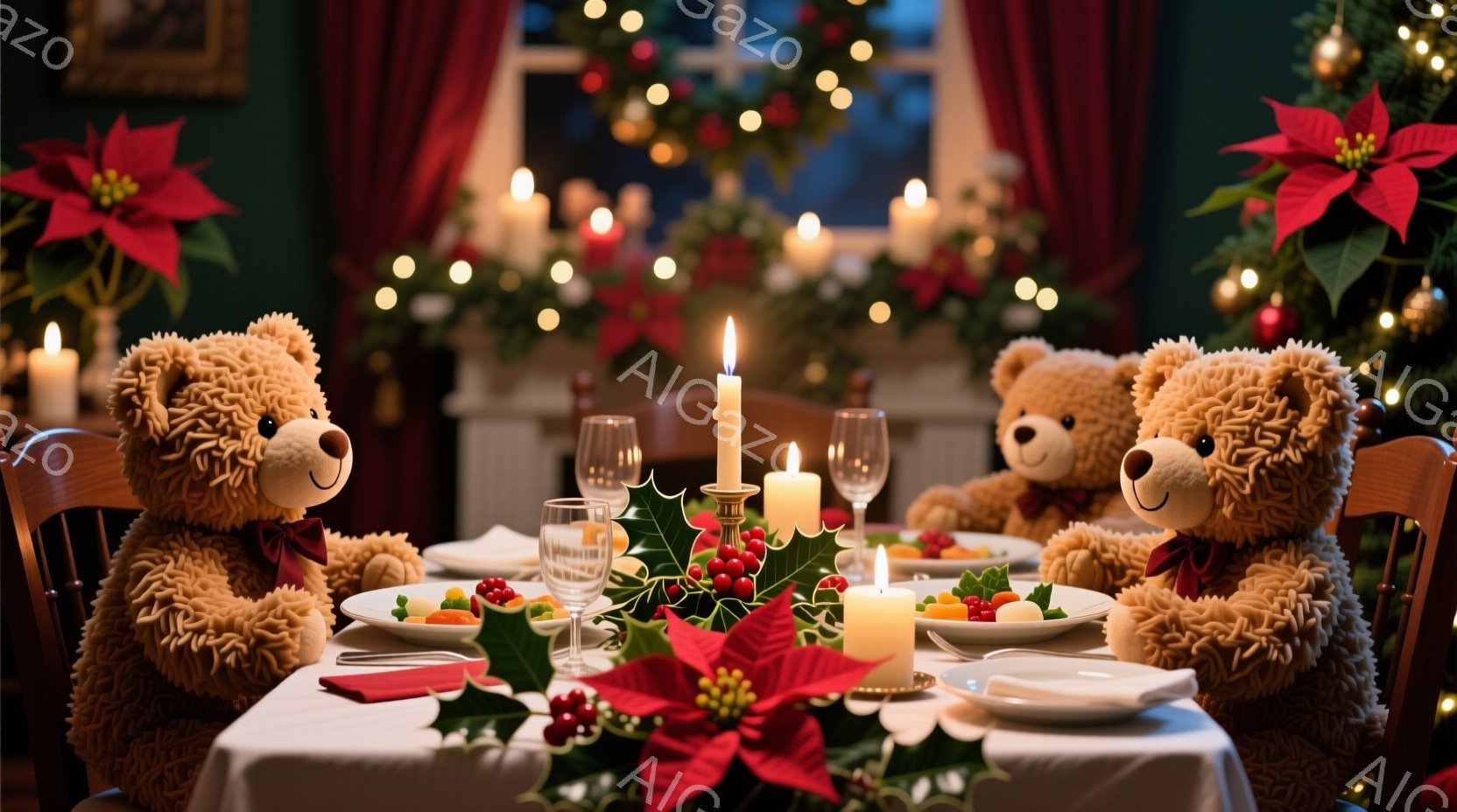 暖炉のある部屋で、テーブルを挟んで2匹のテディベアが向かい合って食事をしている様子が描かれています。テーブルの上にはキャンドル、食器、クリスマスの飾り、そしてポインセチアが飾られ、温かく華やかな雰囲気を醸し出しています。背景には、ぼやけたクリスマスツリーの光が灯り、心安らぐクリスマスの夜を彷彿とさせます。