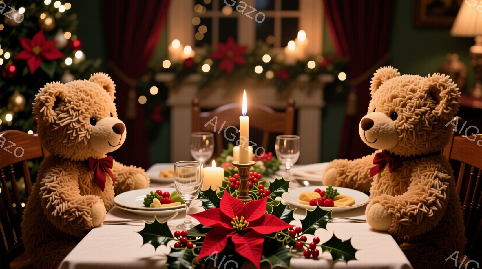温かい光に照らされたダイニングテーブルには、クリスマスの飾り付けが施され、2匹のテディベアが向かい合って座っています。それぞれのクマは赤いリボンを首に巻いており、テーブルの上にはそれぞれの皿に料理が盛られ、キャンドルが灯されています。背景にはぼんやりとクリスマスツリーが見え、暖かくロマンチックなクリスマスの夜の雰囲気が漂っています。
