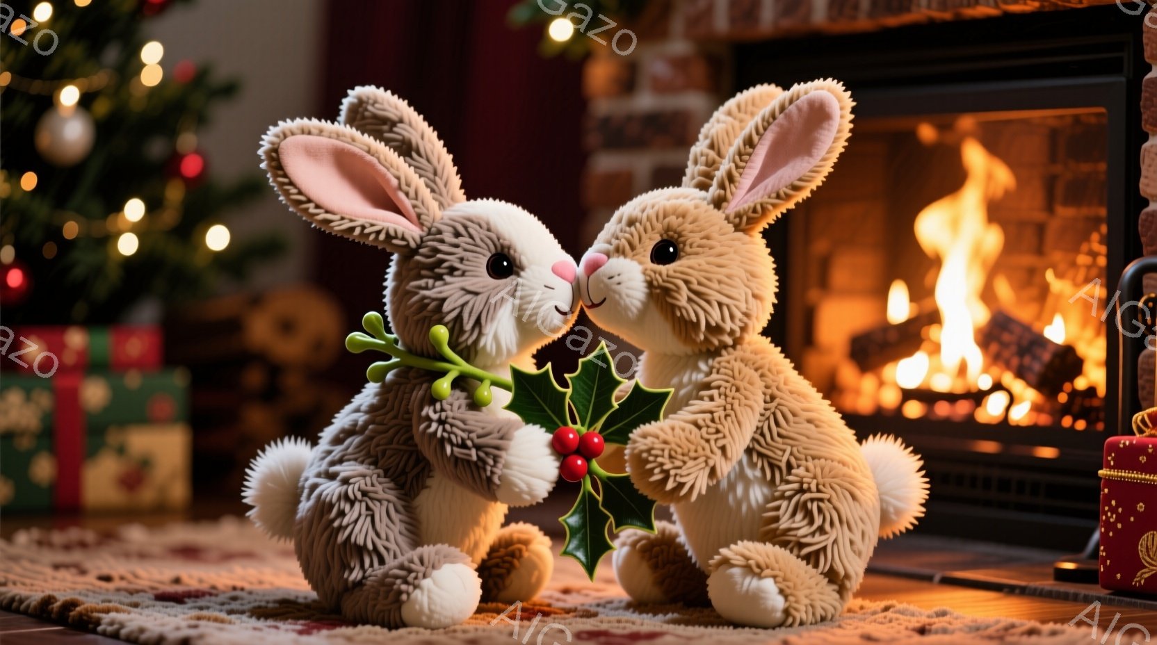 ふわふわとした毛並みのウサギが二匹、クリスマスのプレゼントの横で寄り添っています。片方のウサギは緑色の茎に赤い実がついた葉っぱを持っており、もう片方のウサギの鼻先に近づけています。背景にはクリスマスツ - AI生成フリー素材