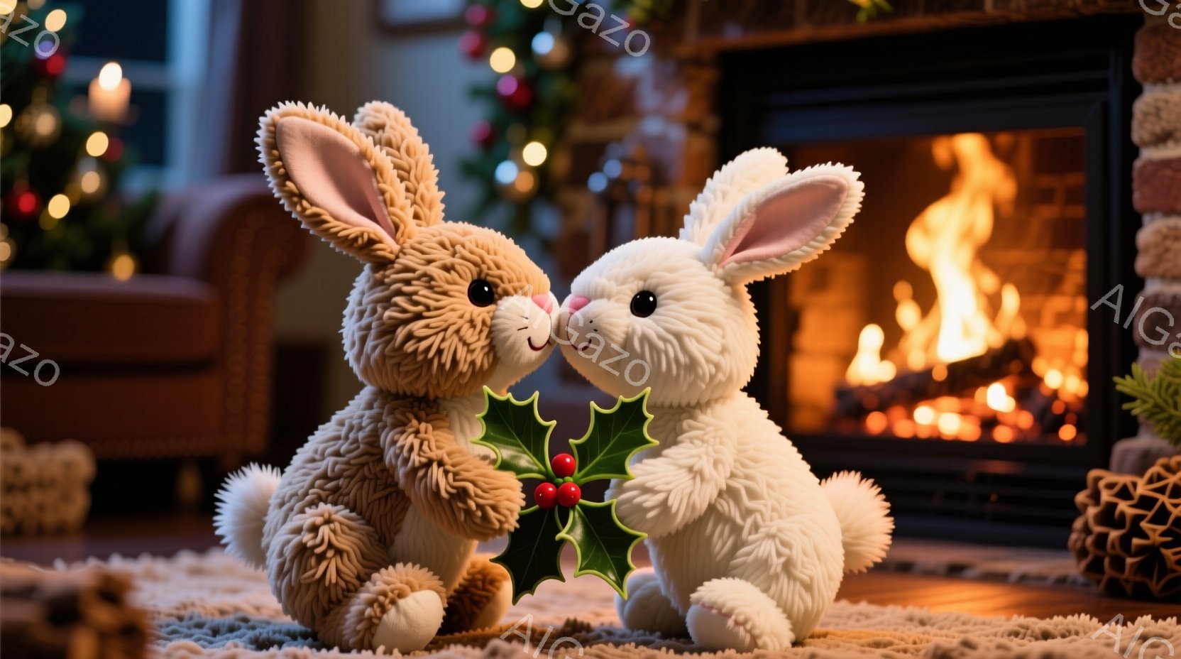 ふわふわの茶色と白のウサギが、クリスマスホリーの飾りを挟んで顔を寄せ合っています。背景には暖炉があり、炎が燃え盛る様子と、クリスマスツリーの光が温かい雰囲気を醸し出しています。ウサギたちの愛らしい表情と、暖炉の灯りが、穏やかで心温まるクリスマスの情景を描き出しています。