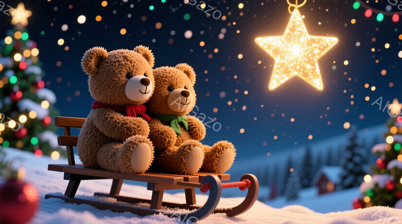 雪の上にそりに乗った二匹のテディベアが描かれています。一匹は赤色のスカーフを巻いており、もう一匹はスカーフなしで、寄り添って温かい表情をしています。背景には、雪の積もった森、小さな家々、そして星のように輝く大きな光の飾りが広がっており、冬の夜の温かく穏やかな雰囲気を醸し出しています。