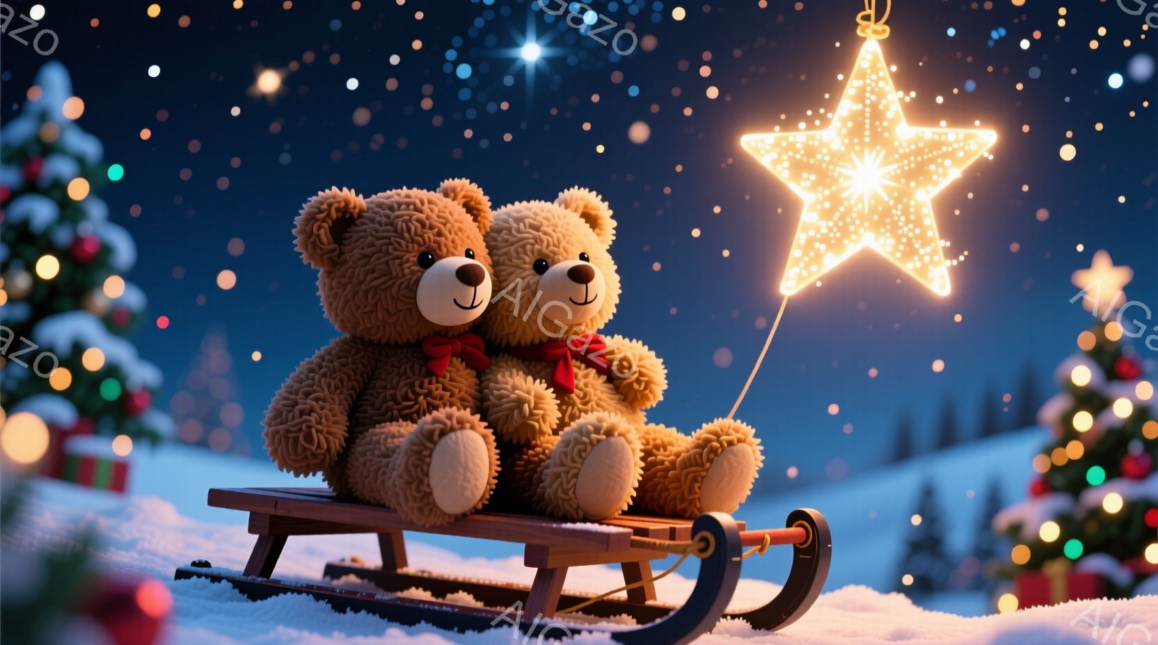 雪の上にそりに乗った2匹のテディベアが描かれています。片方のベアは赤いリボンを首に巻き、もう片方はリボンなしで、寄り添って微笑んでいます。背景にはクリスマスツリーが点灯し、雪が降る夜空には星が輝き、温 - AI生成フリー素材