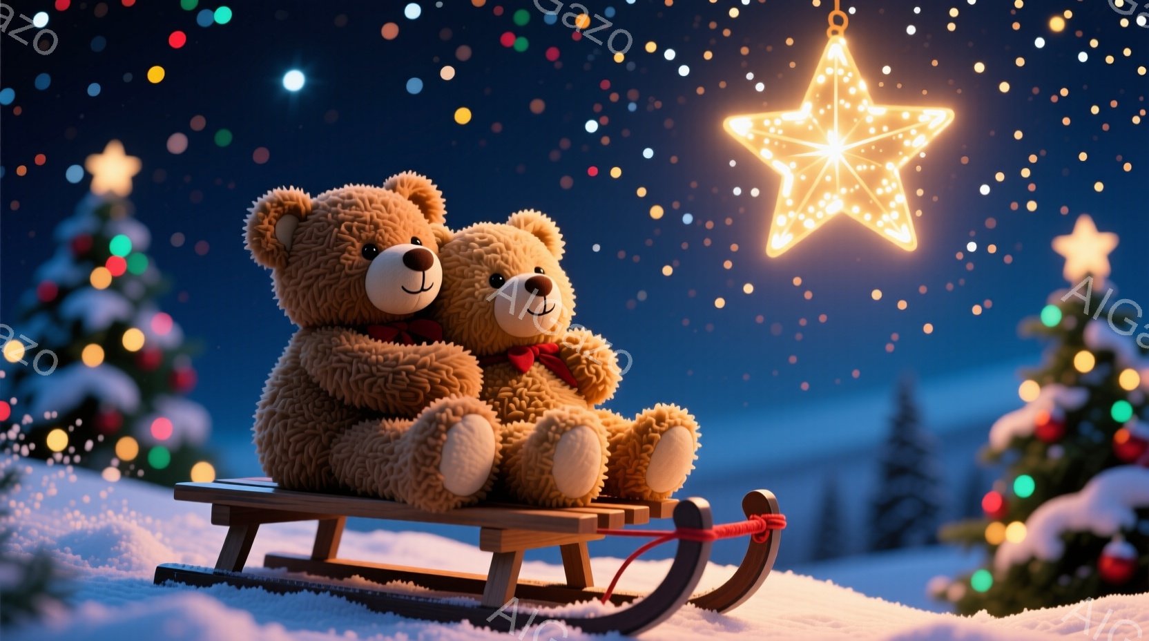 雪の上にそりが置かれ、その上に二匹のテディベアが寄り添って座っています。片方のベアは赤いリボンをつけており、ふたりとも優しい表情を浮かべています。背景には雪景色が広がり、遠くにはクリスマスツリーが灯り - AI生成フリー素材