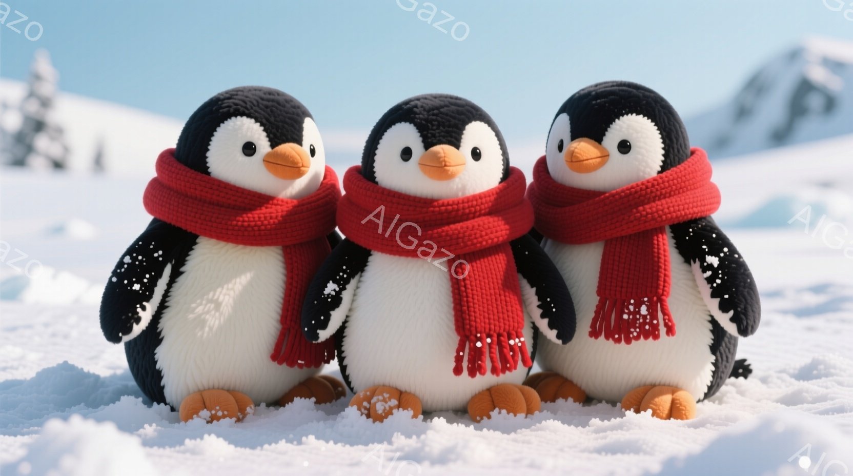 雪景色の中で寄り添う3羽のペンギンが写っています。ペンギンたちはそれぞれ白い腹と黒い背中を持ち、鮮やかな赤い編み物のマフラーを巻いています。背景には雪に覆われた山々と青空が広がり、全体的に温かく可愛ら - AI生成フリー素材