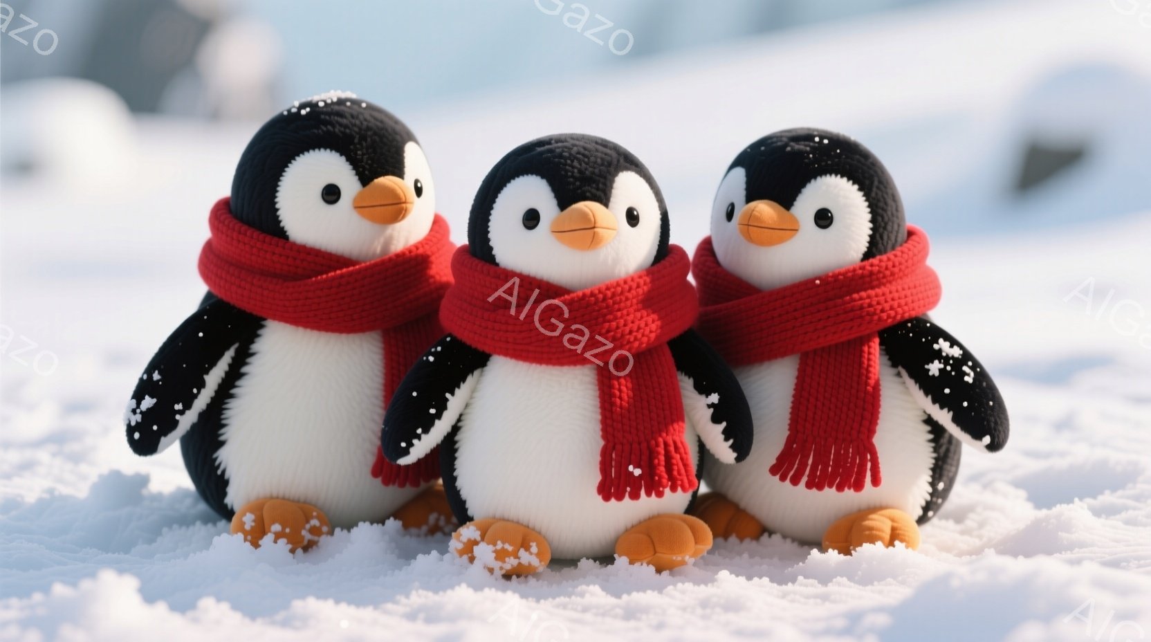 雪の上に３羽のペンギンが並んで立っています。それぞれのペンギンは、白いお腹と黒い背中をしており、足は黄色く、赤いニットの首巻きを巻いています。背景は雪景色で、全体的に暖かく、可愛らしい雰囲気です。