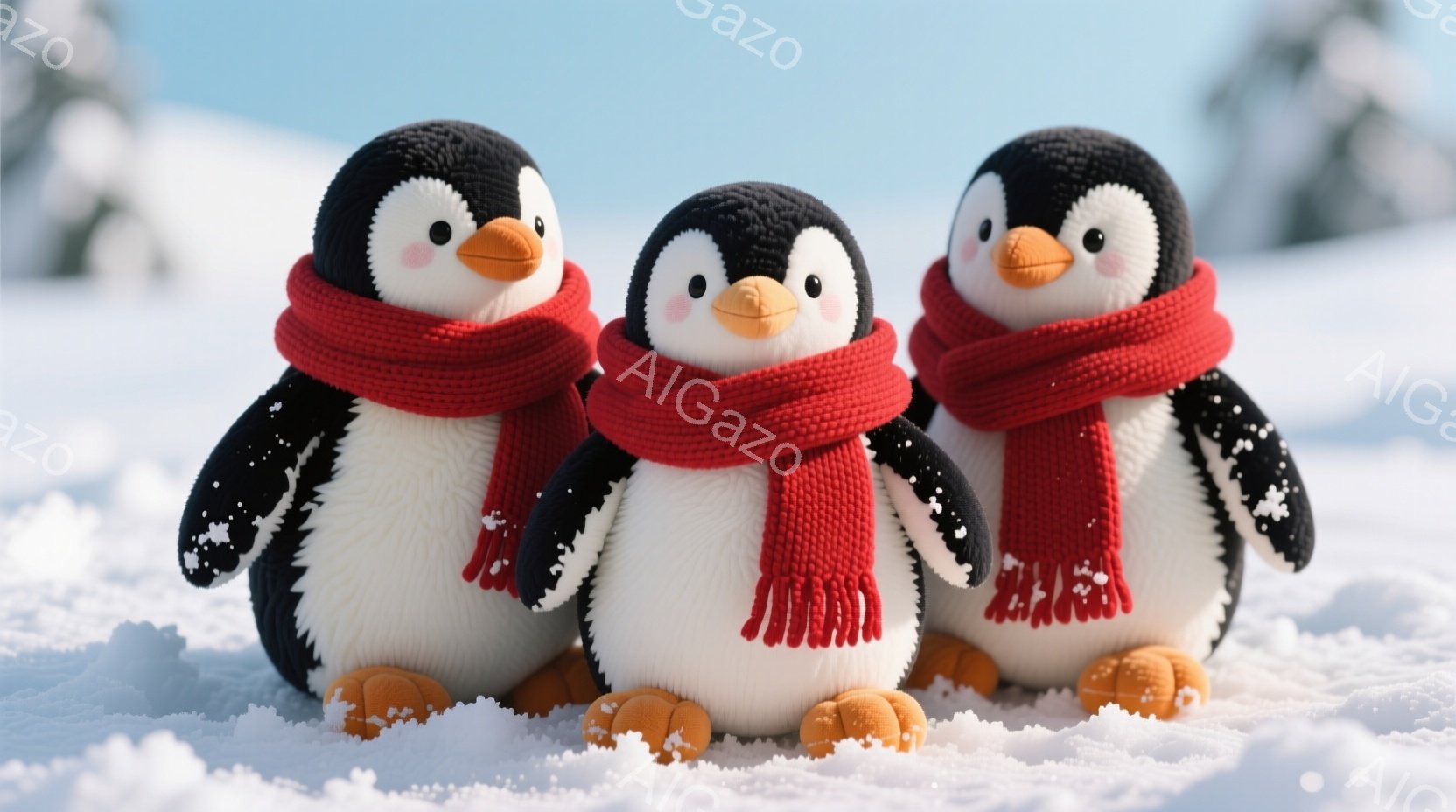 白い雪の上に３羽のペンギンが並んでいます。それぞれ赤いマフラーを巻いており、オレンジ色の足と、つぶらな瞳が可愛らしい表情を見せています。背景は雪景色で、遠くにはぼんやりと木々が見え、冬の暖かく穏やかな雰囲気が漂っています。